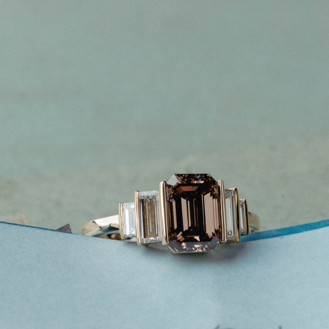 Art Deco Five Stone of Natural Champagne Diamond & Baguettes