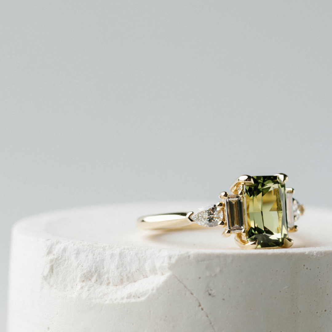 Five Stone of Australian Green Sapphire, Baguette and Pear White Diamond