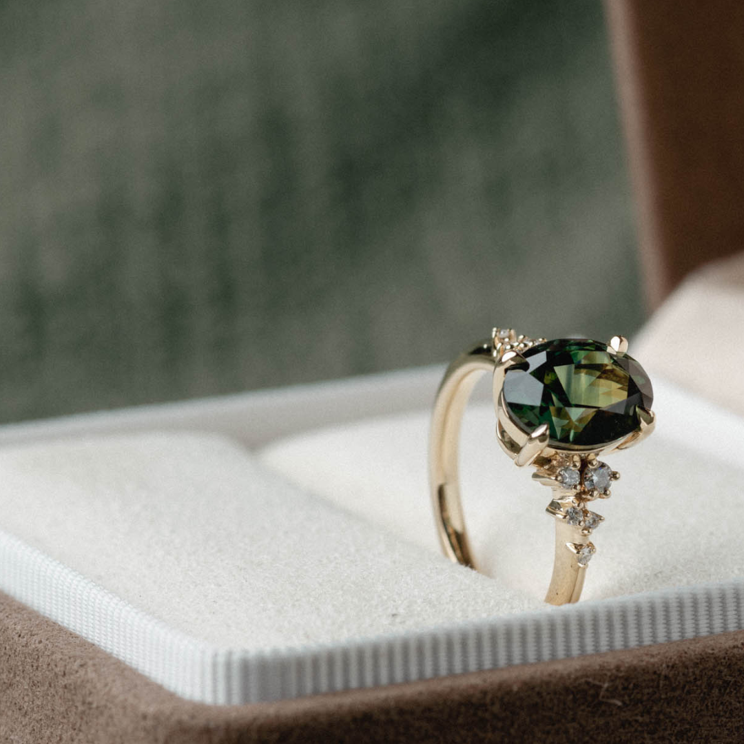 Symmetrical Cluster of Green Australian Sapphire, Oval & White Diamond