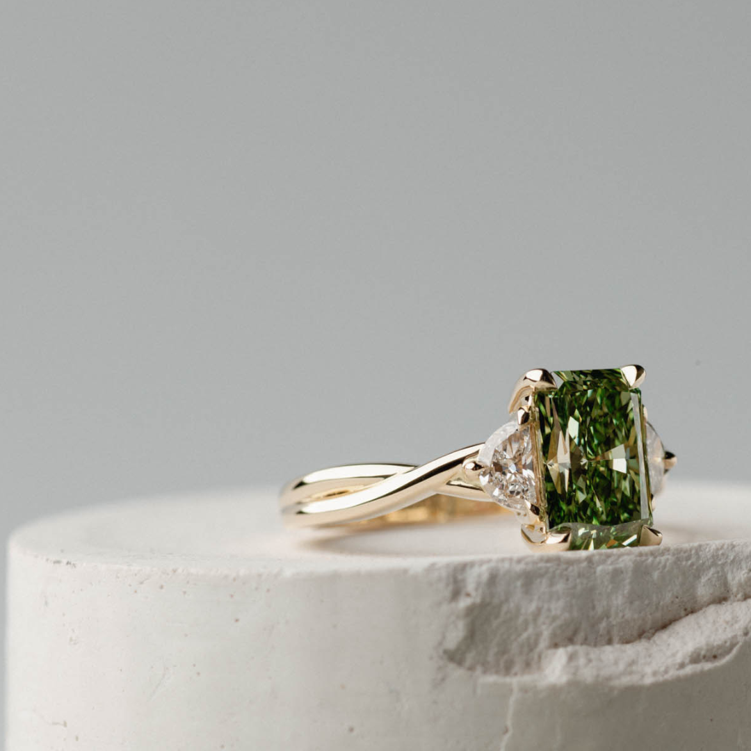 Three Stone of Green Radiant Lab Diamond & Half Moon Cut Diamonds