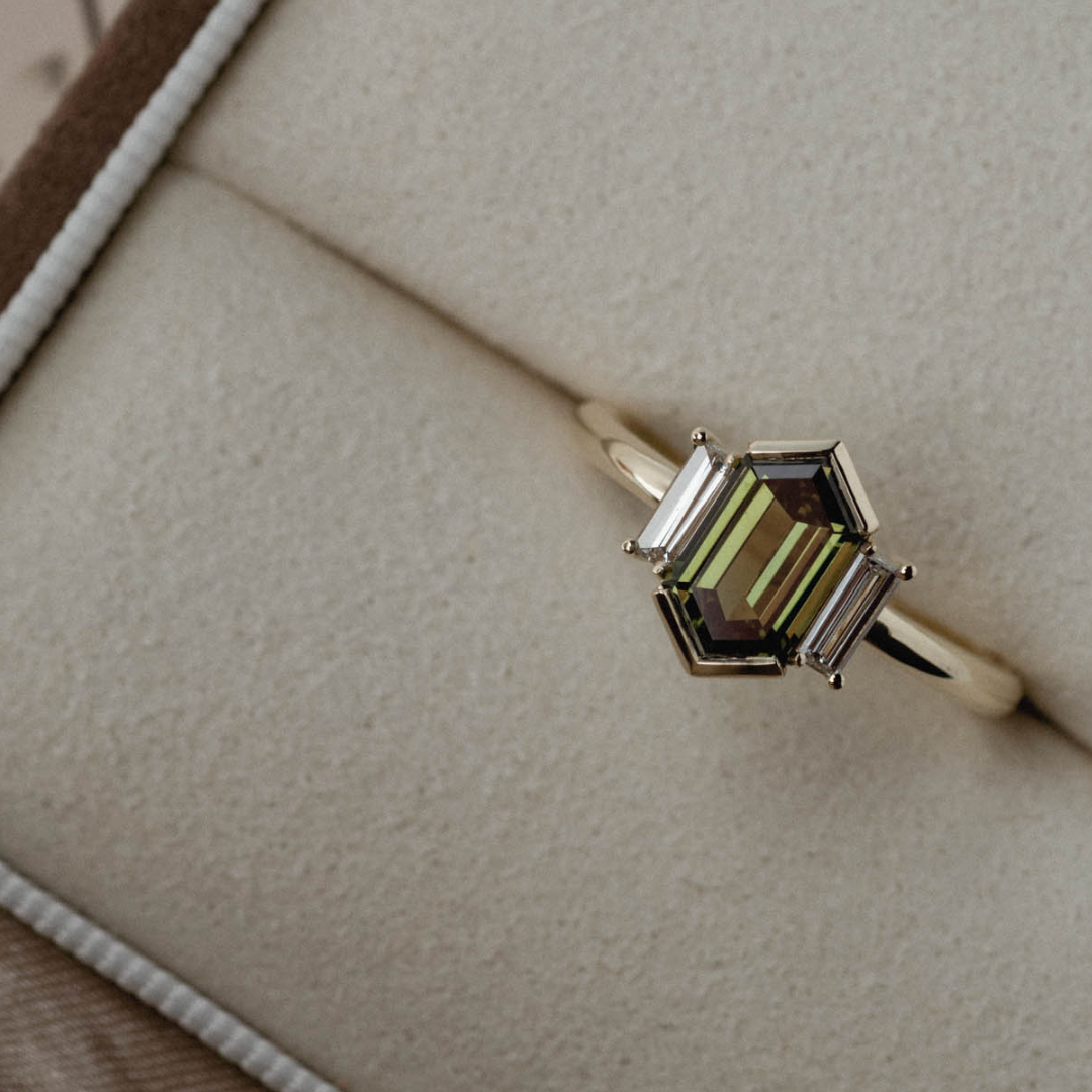 Three Stone of Green Sapphire Hex & Baguette