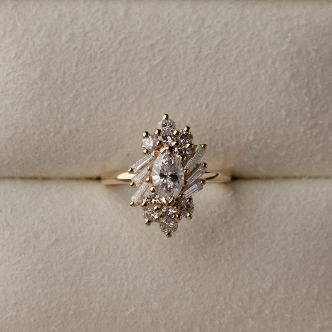 Art Deco Cluster of Marquise, Tapered Baguettes & Round