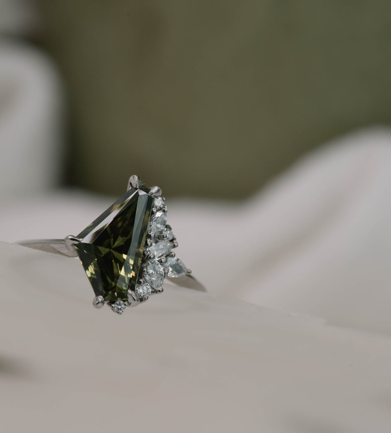Irregular Cluster of Green Sapphire in White Gold - Laher