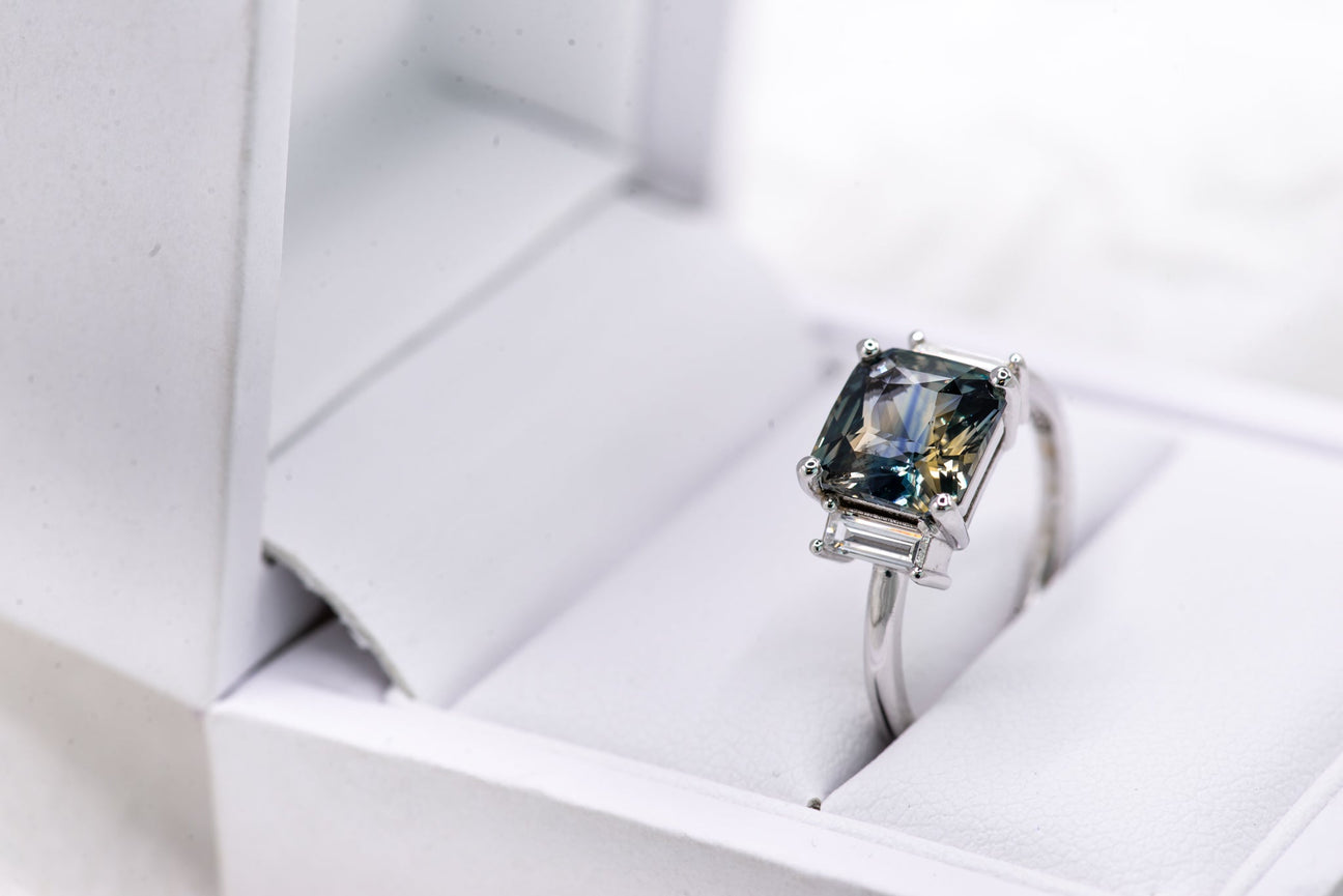 Three Stone Asscher Cut w/ Blue Sapphire & Diamond - Laher