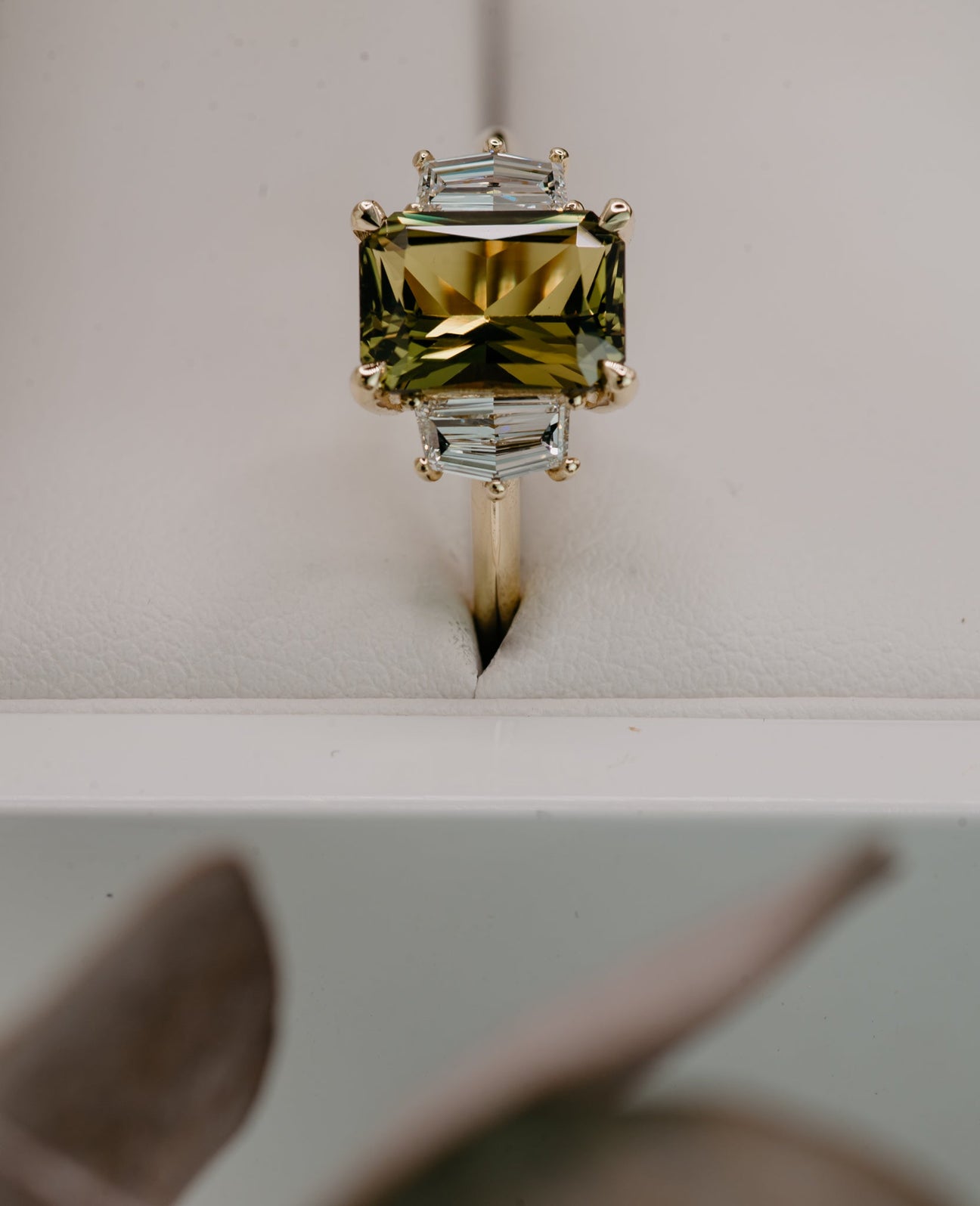 Three Stone of Eucalyptus Green Sapphire & Diamond - Laher