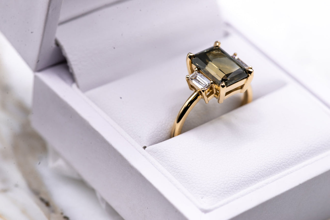Three Stone of Green Sapphire in 18YG - Laher