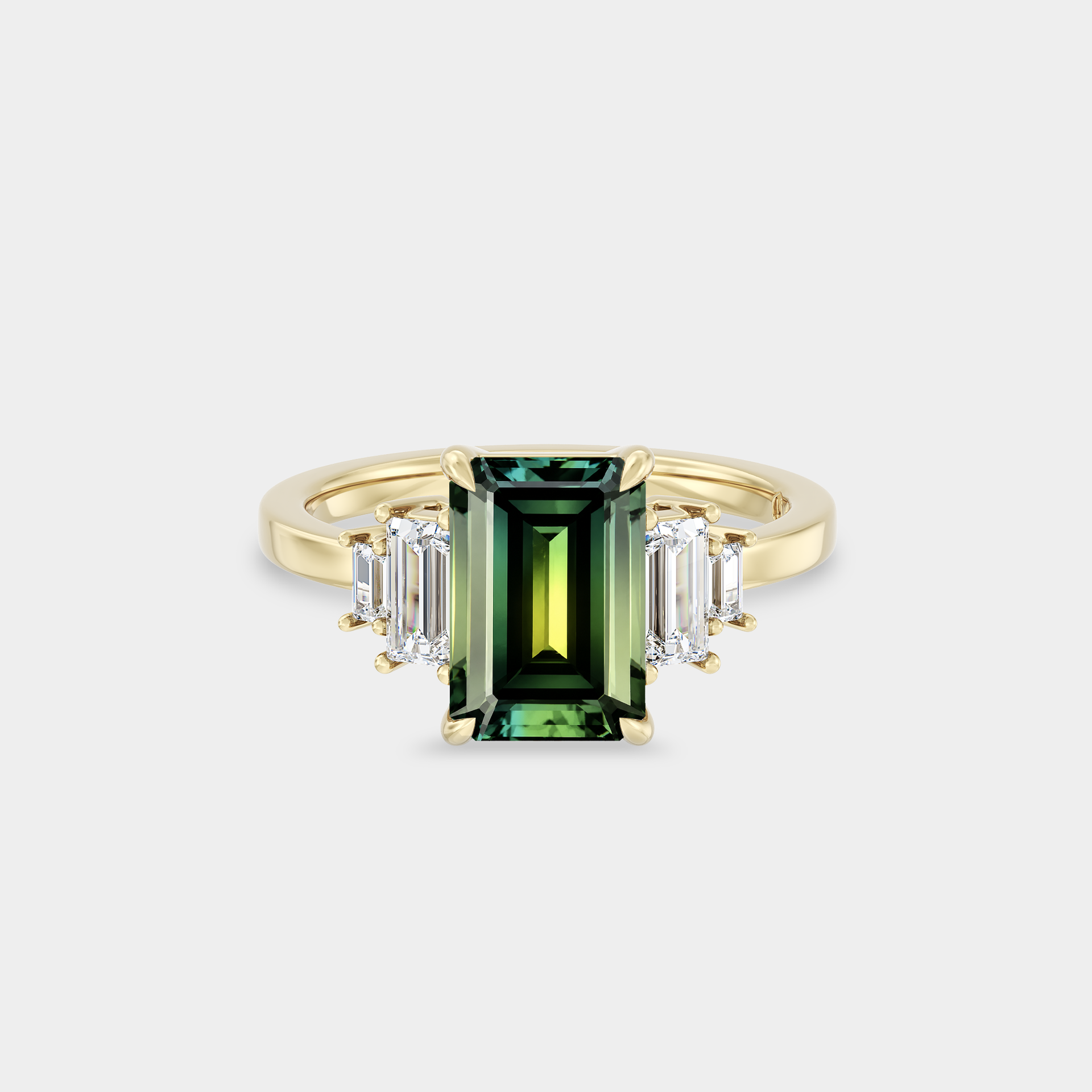 Five Stone of Emerald/Radiant Sapphire & Baguette Diamond