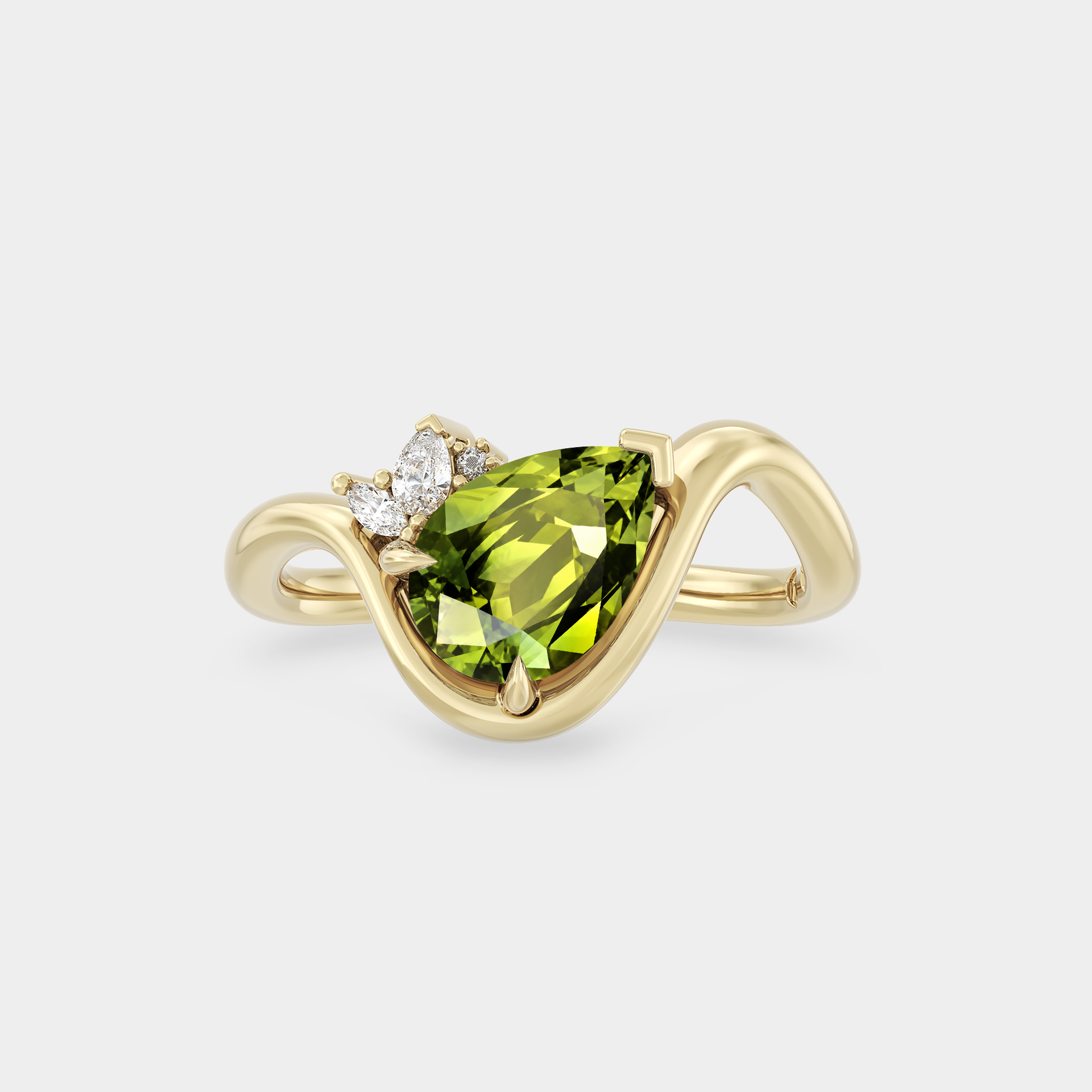 Off-angle Asymmetrical Cluster of Pear Sapphire on Curved Shank