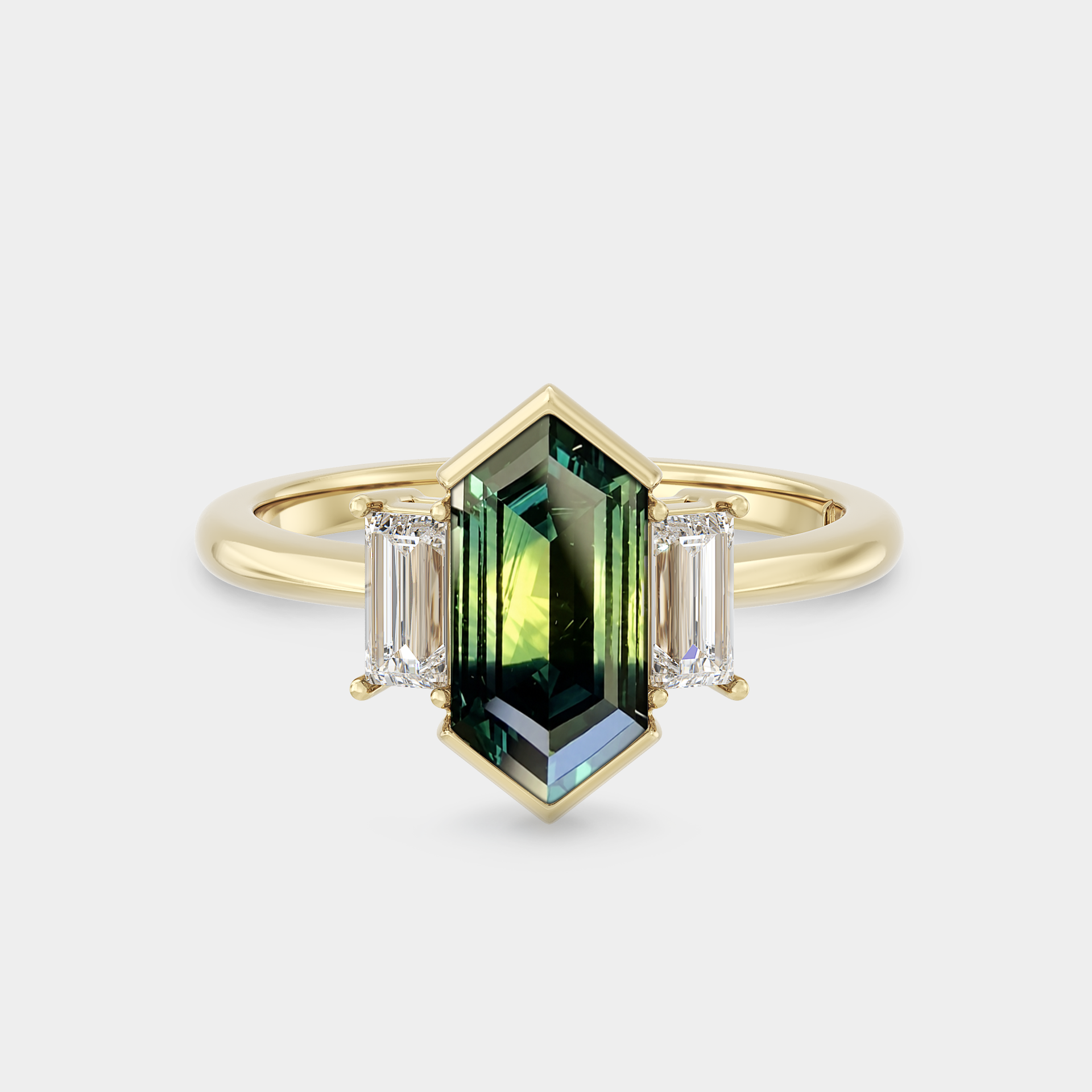 Three Stone of Hexagonal Cut Sapphire & Baguette