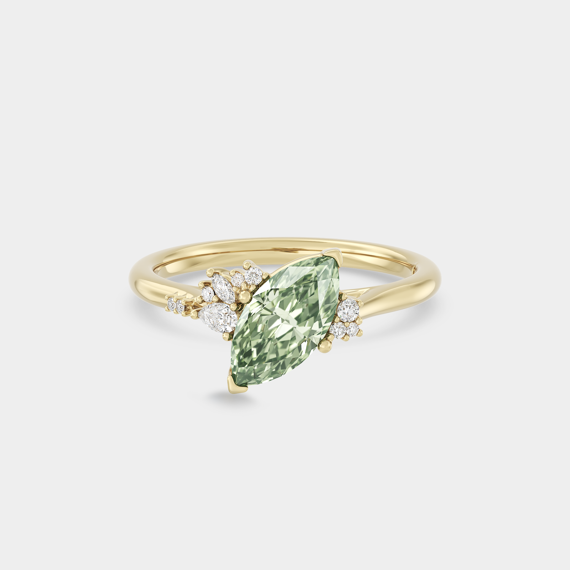 Off-angle Asymmetrical Cluster & Fancy Green Marquise Diamond
