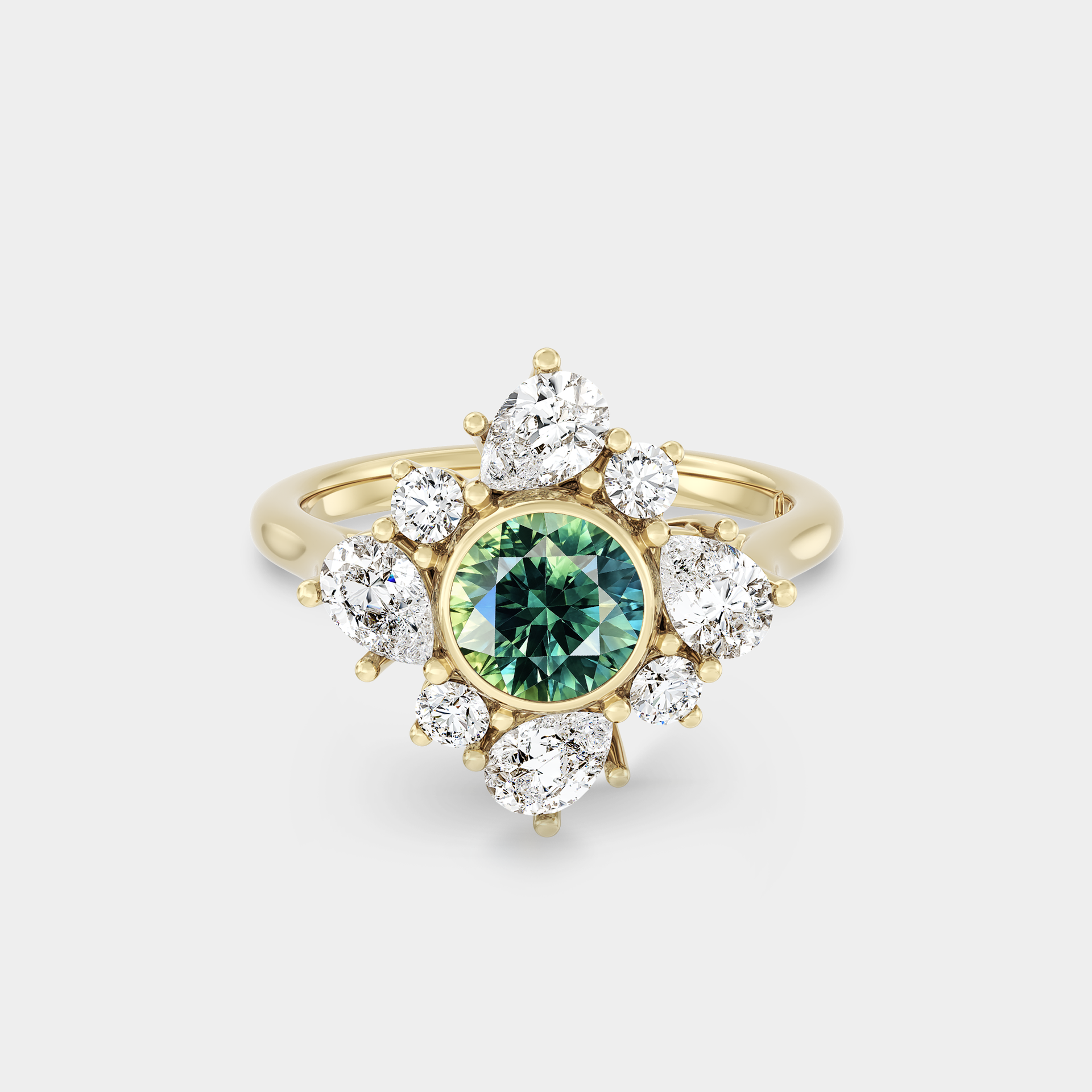Floral Halo Cluster of Round Sapphire & White Diamond