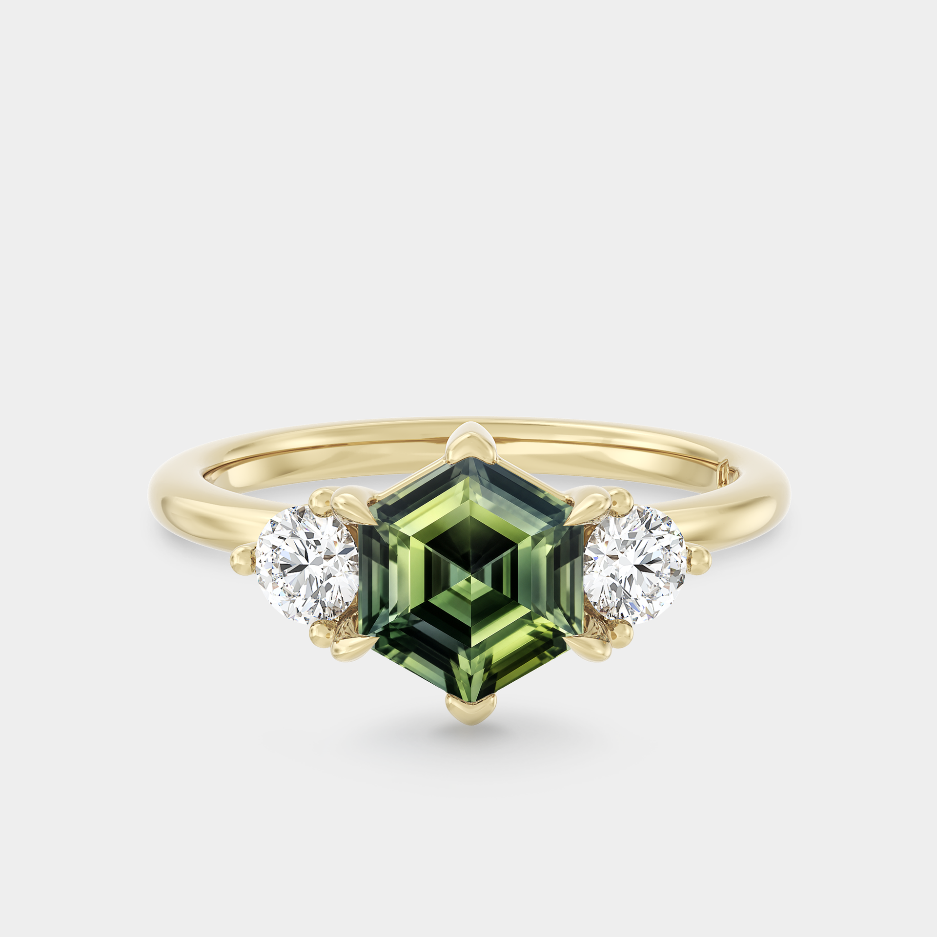 Three Stone of Hexagonal Cut & Round Diamond