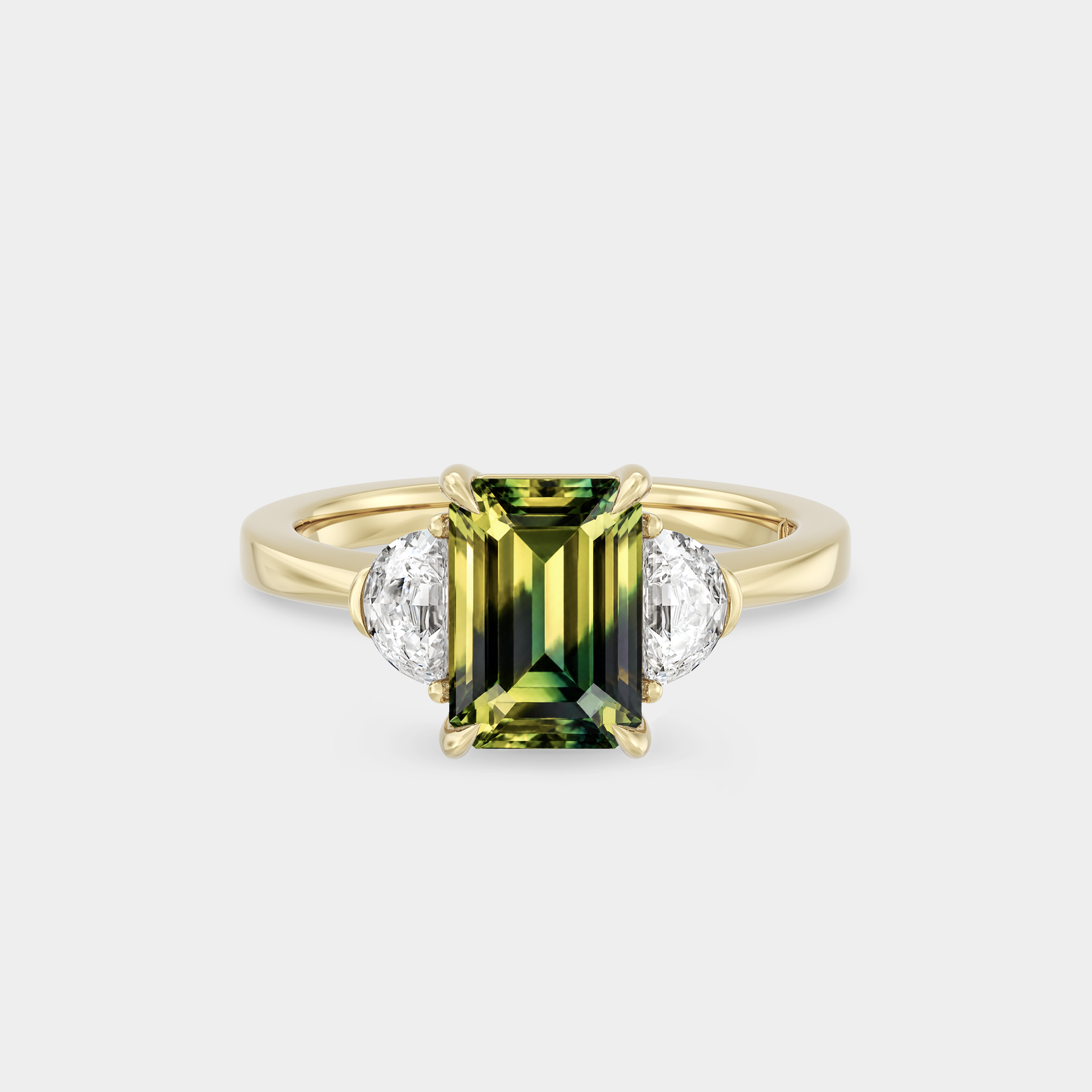 Three Stone of Emerald Cut Sapphire & Half Moon