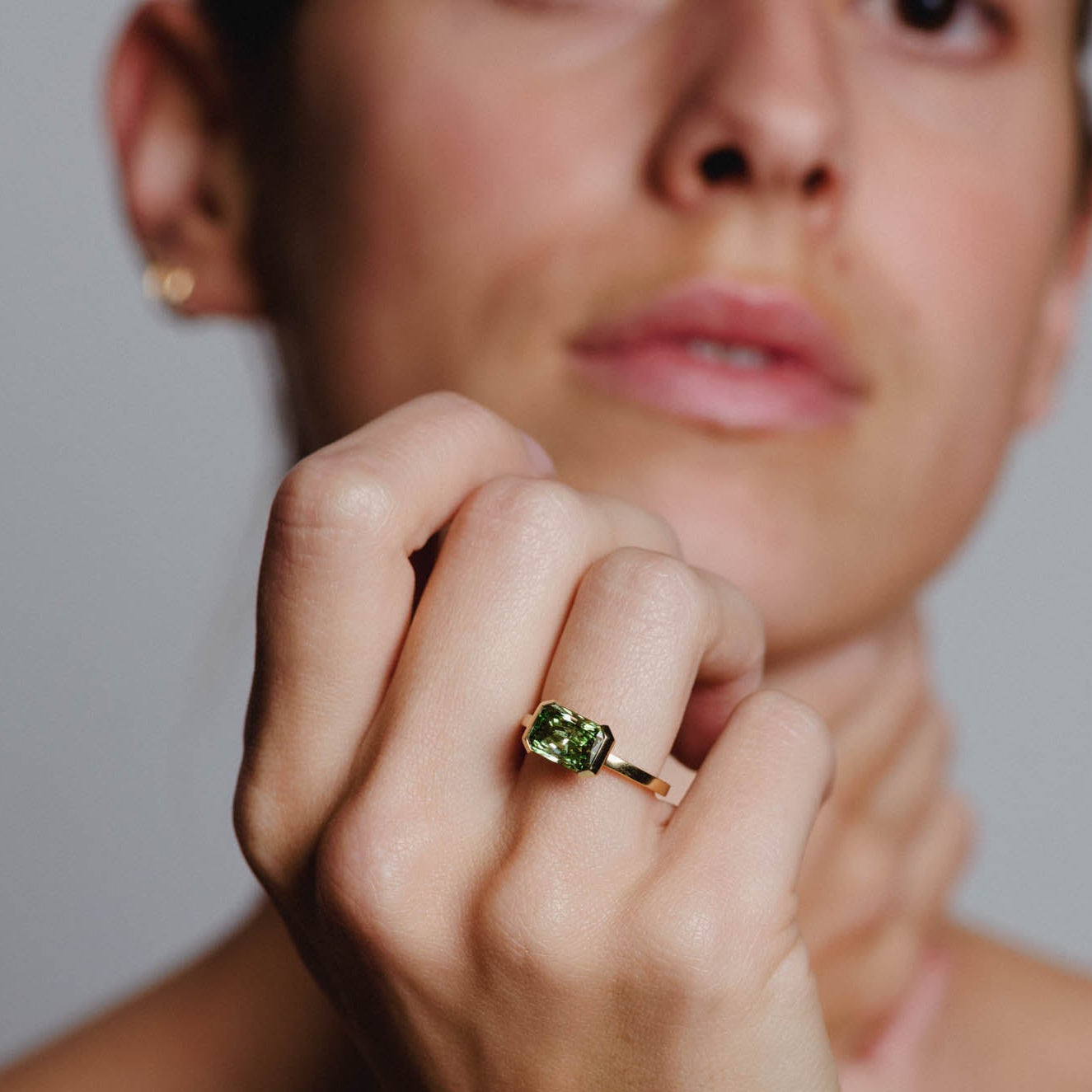 2.20ctct  East-West, Half Bezel of Fancy Green Radiant