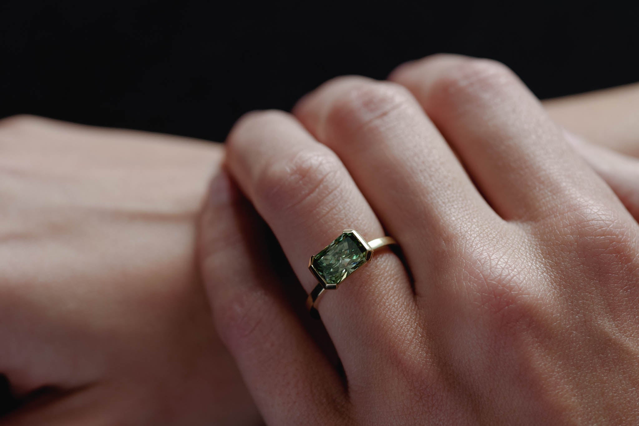 2.20ctct  East-West, Half Bezel of Fancy Green Radiant