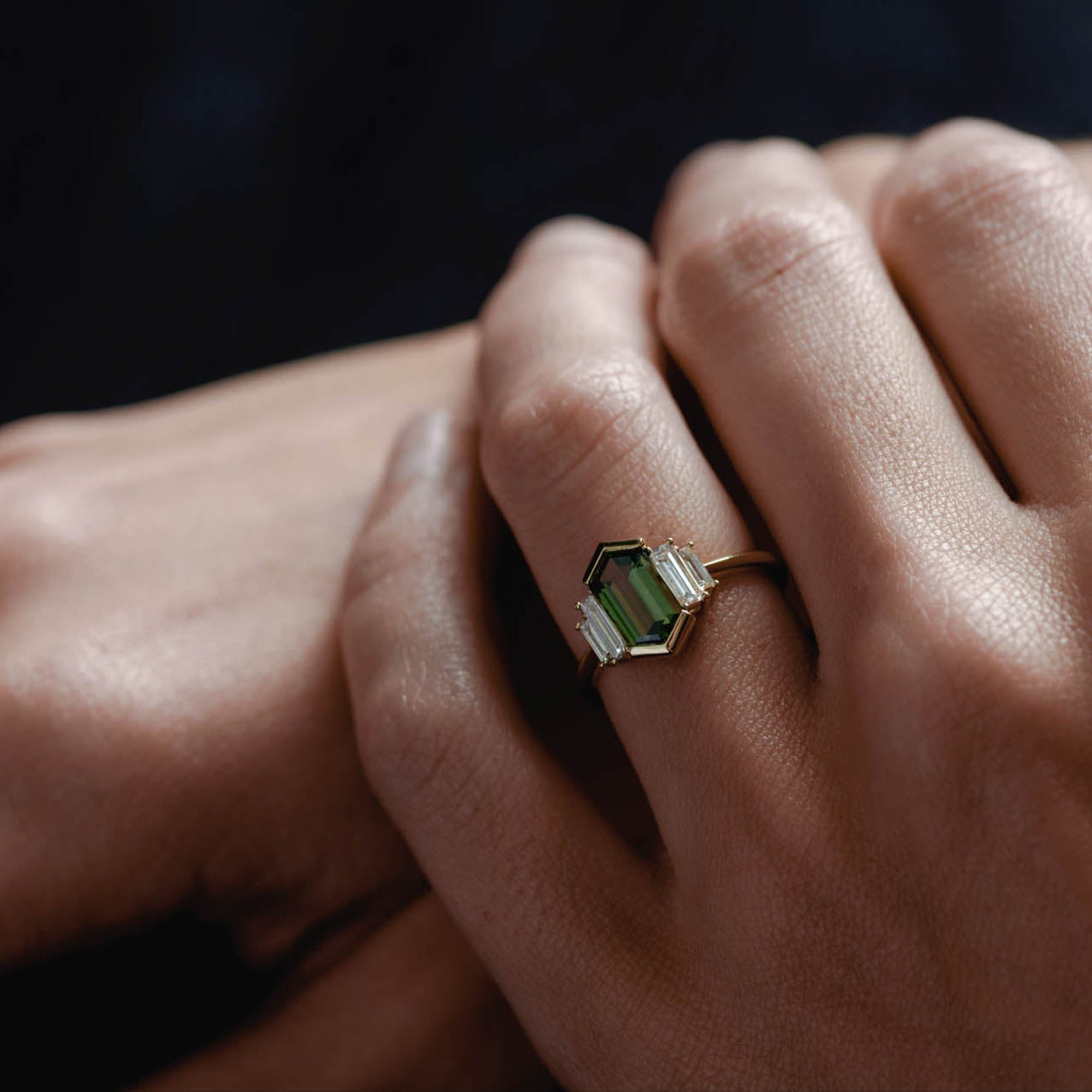 1.83ct Five Stone of Green Hexagonal Cut Sapphire & Diamond