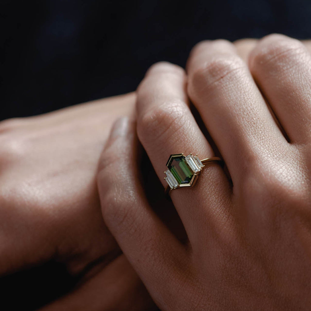 1.83ct Five Stone of Green Hexagonal Cut Sapphire & Diamond