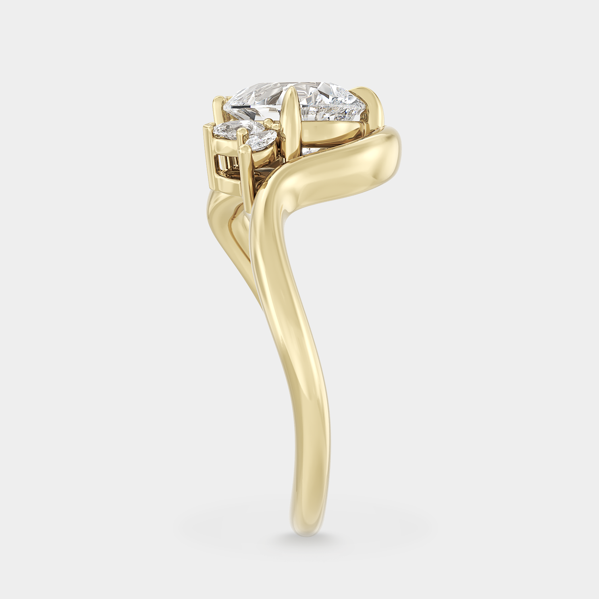 Off-angle Asymmetrical Cluster of Pear Sapphire on Curved Shank