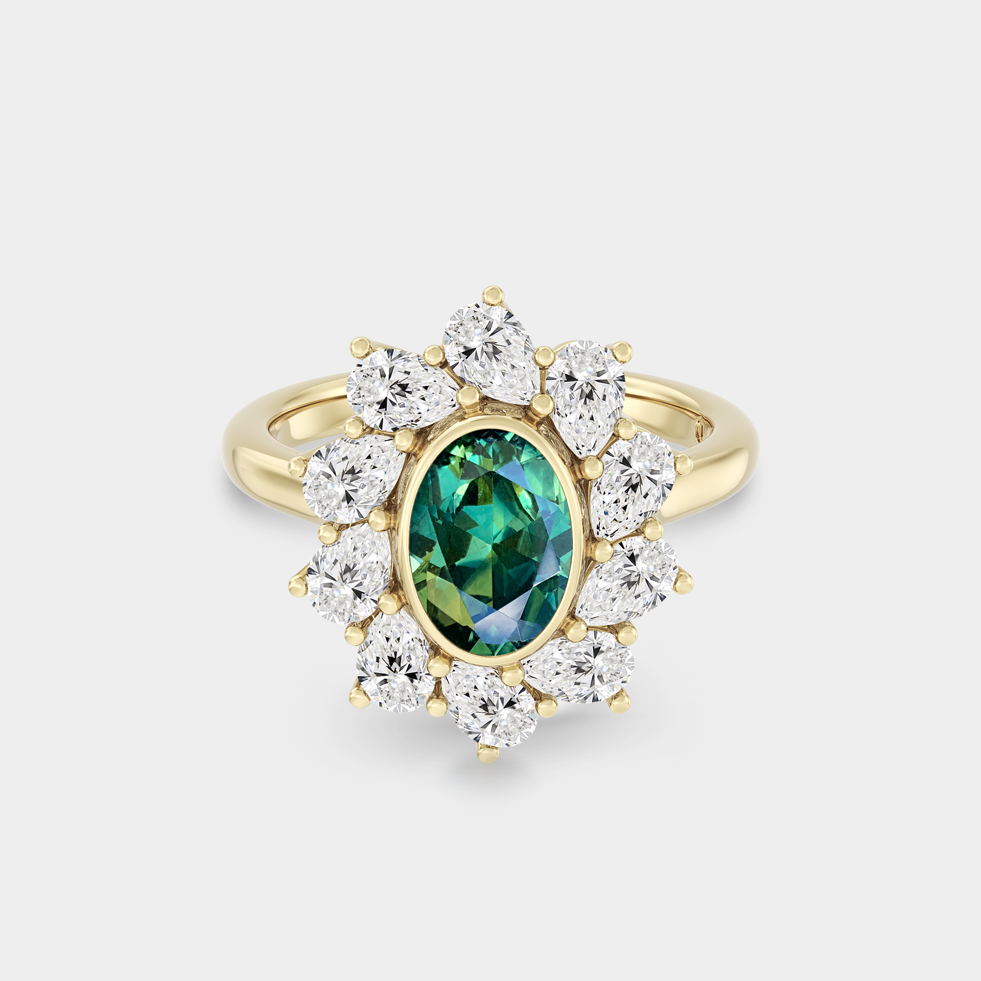 Floral Halo Cluster of Oval Sapphire & White Diamond