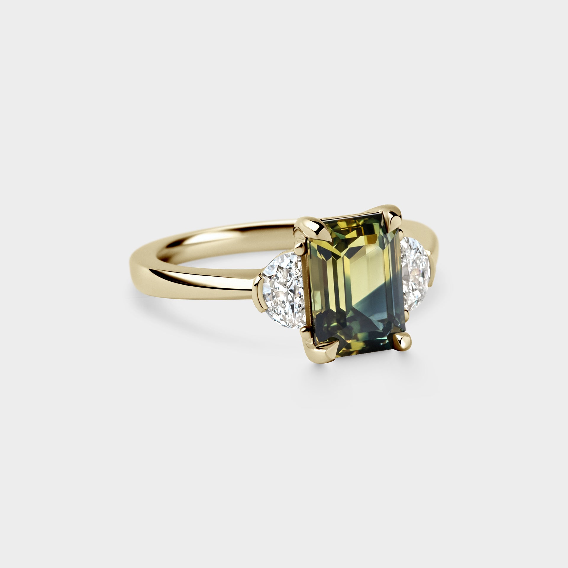 2.68ct Three Stone of Yellow/Blue Parti Sapphire & Half Moon Cut