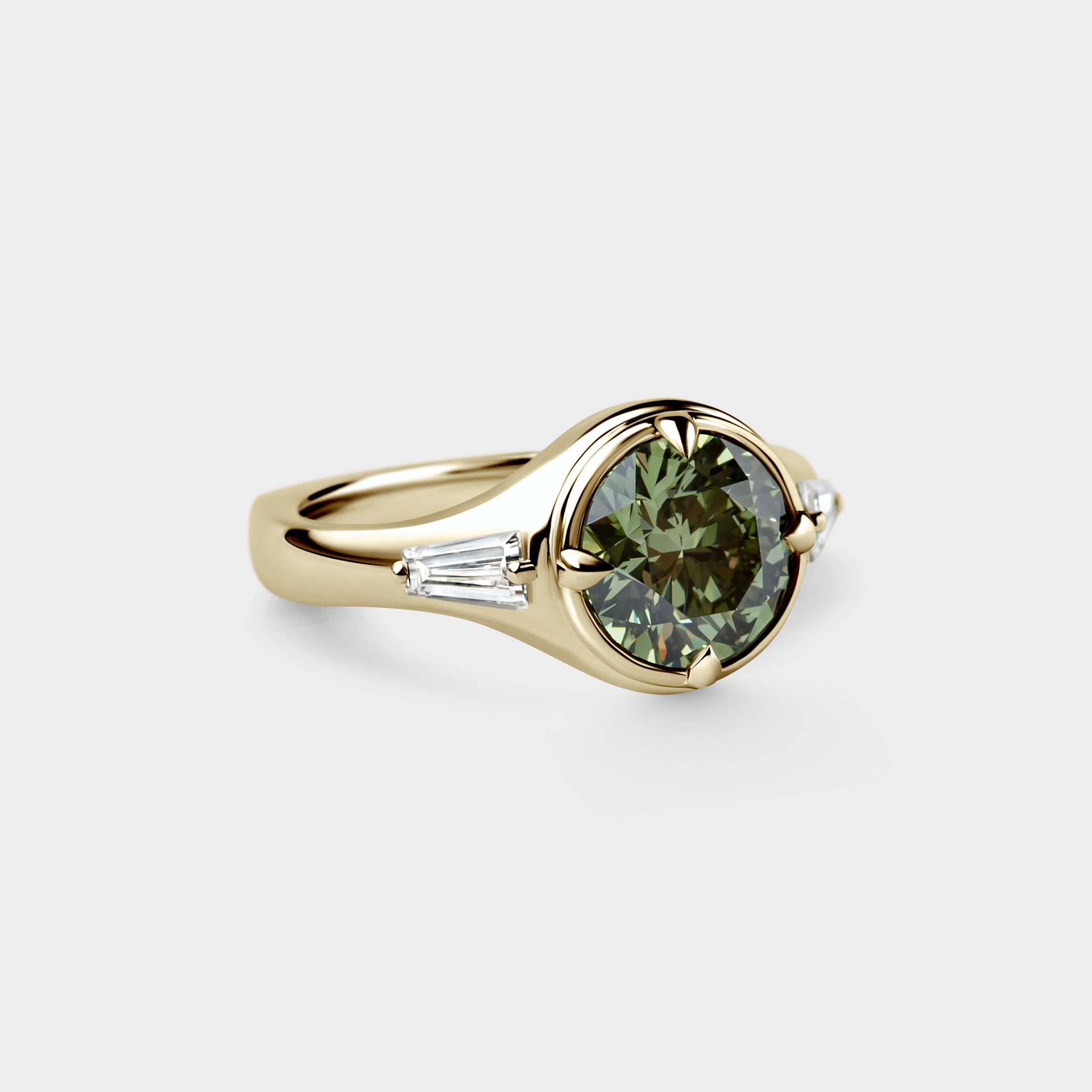 2.01ct Three Stone of Green Lab Diamond & Tapered Baguette on Euro Shank