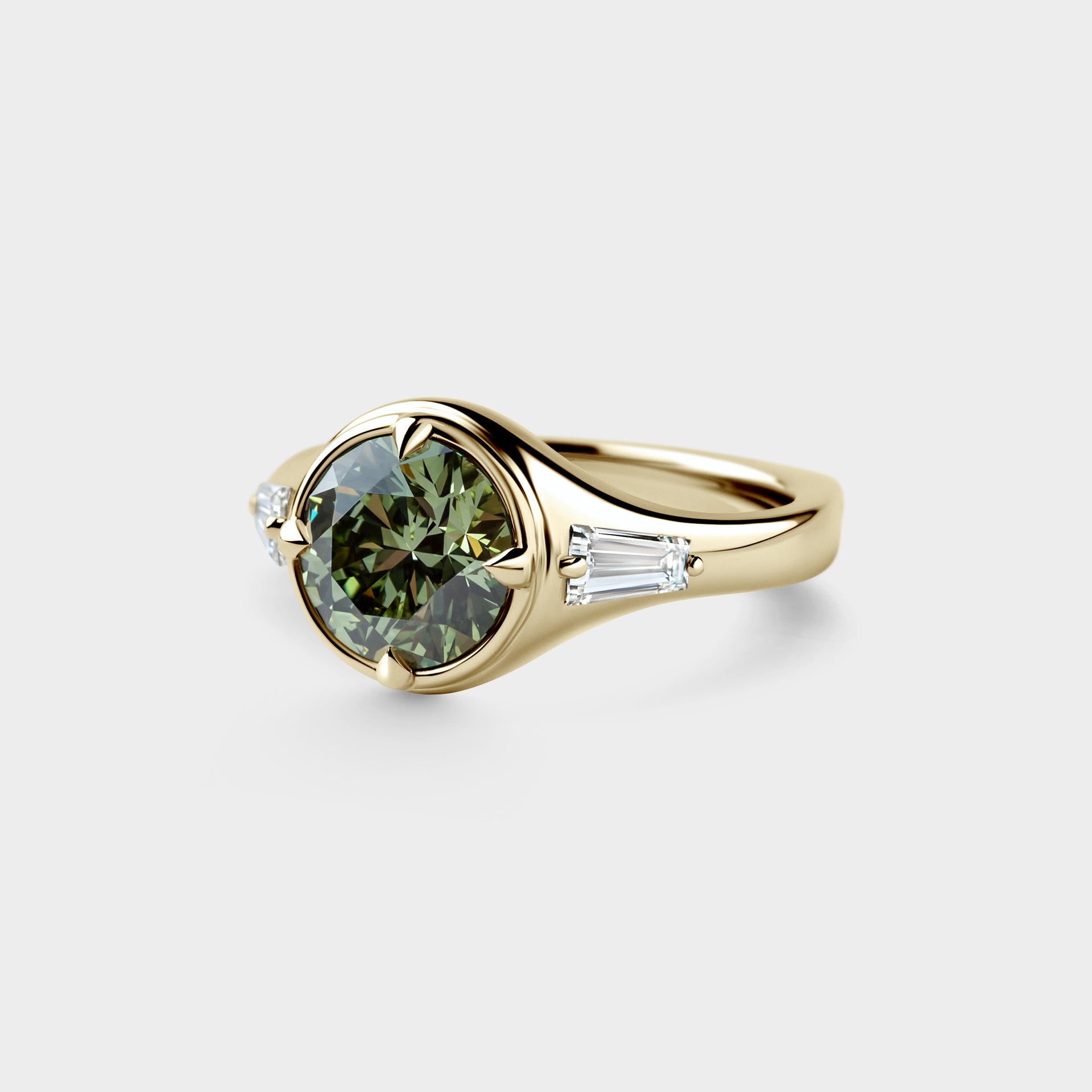 2.01ct Three Stone of Green Lab Diamond & Tapered Baguette on Euro Shank