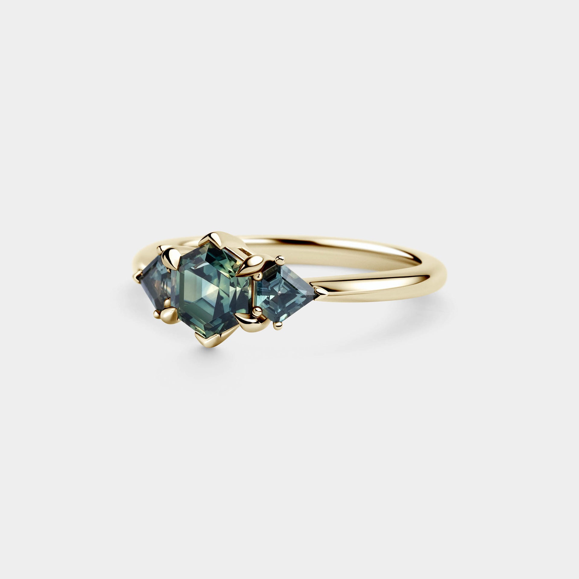 1.09ct Three Stone of Hexagonal Cut Sapphire & Shield Sapphires