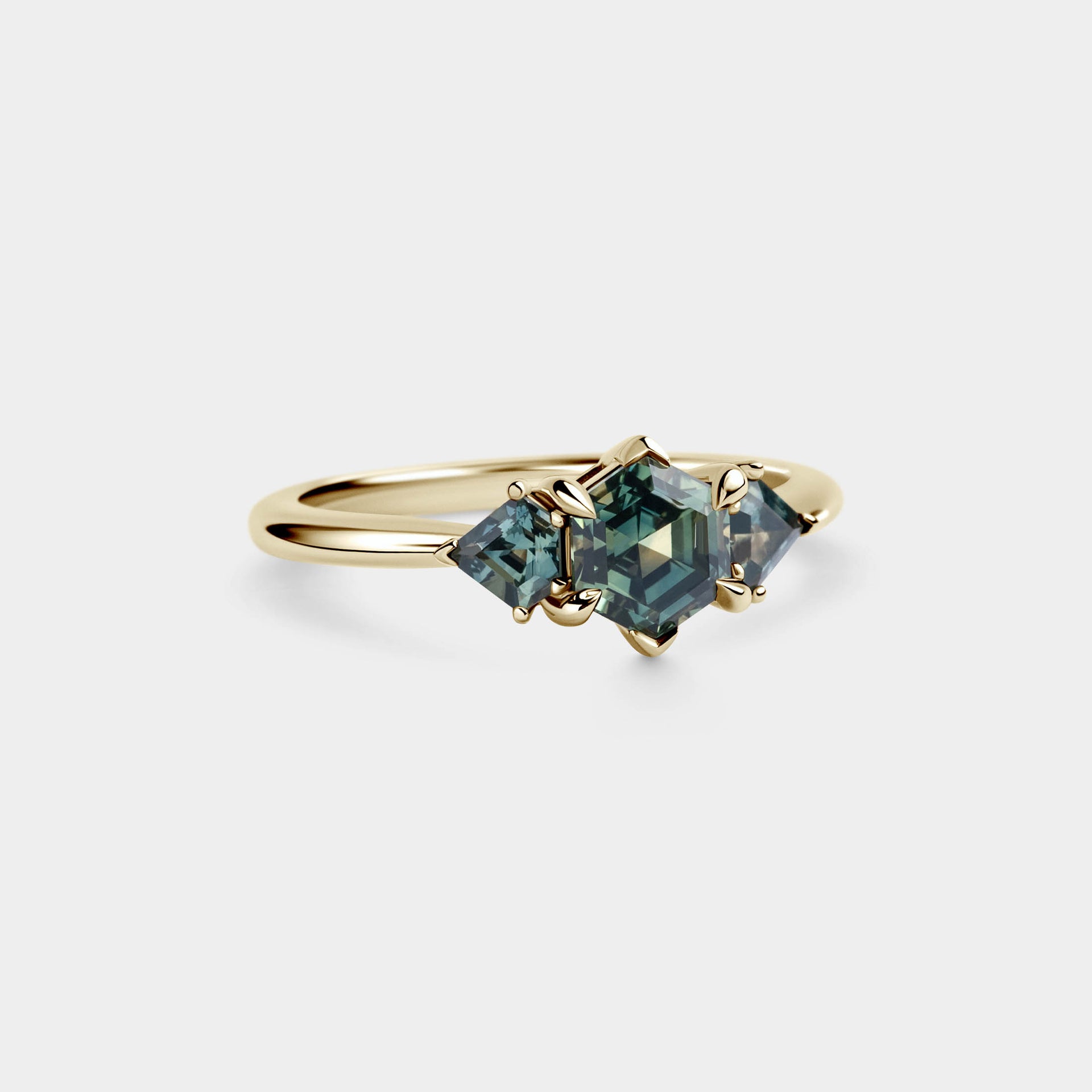 1.09ct Three Stone of Hexagonal Cut Sapphire & Shield Sapphires