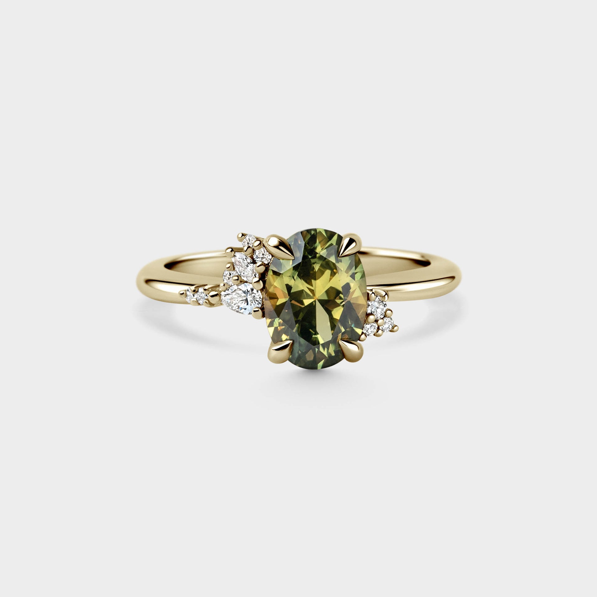 1.71ct Asymmetrical Cluster of Oval Blue/Yellow/Green Parti Sapphire & Diamond