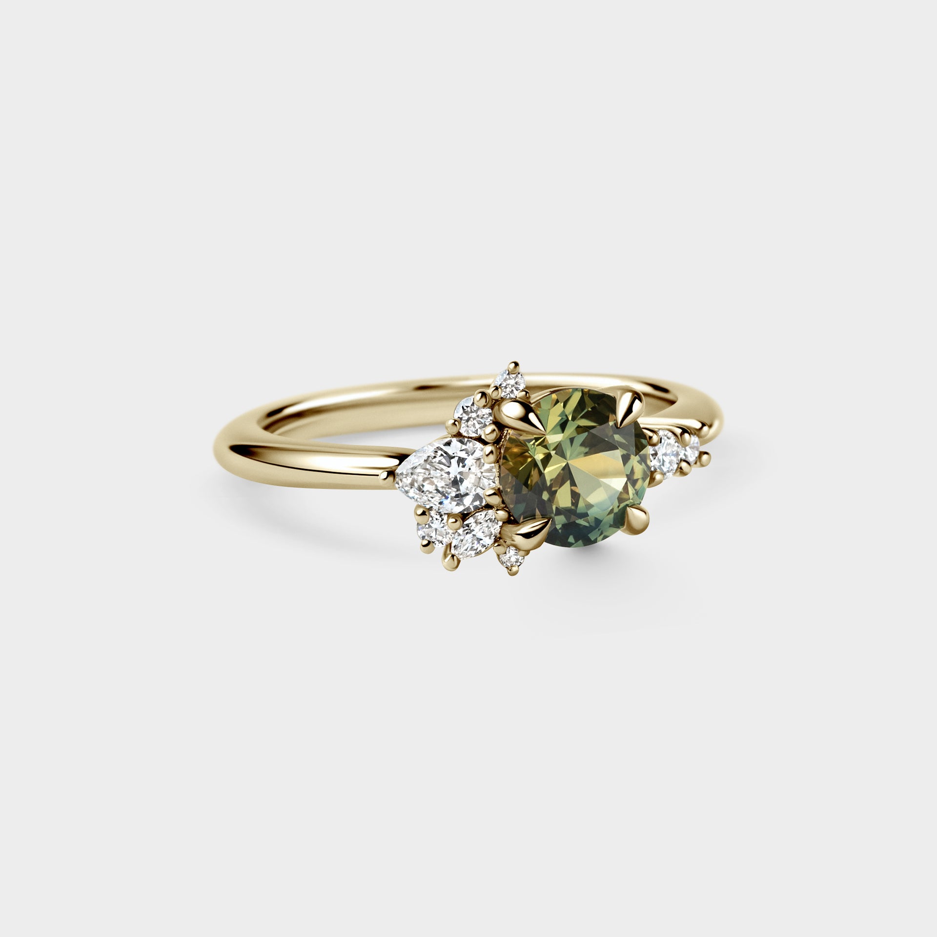 1.11ct Asymmetrical Cluster of Yellow/Green Parti Sapphire & Diamond