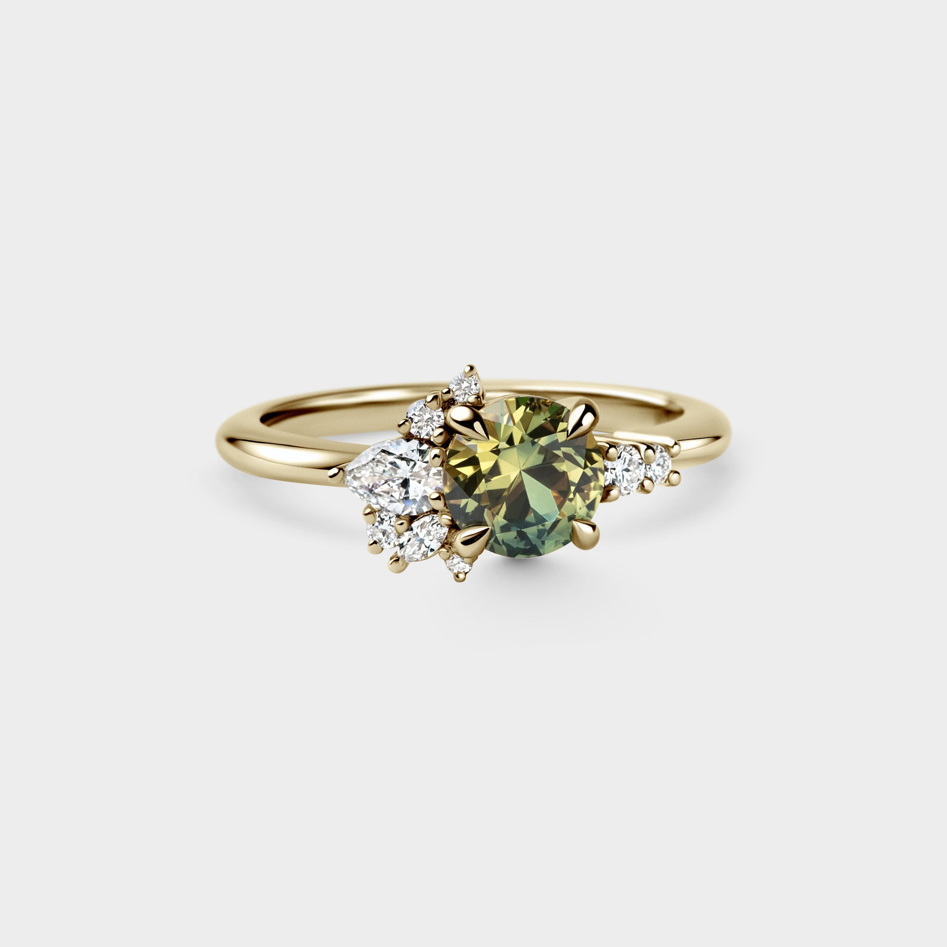 1.11ct Asymmetrical Cluster of Yellow/Green Parti Sapphire & Diamond