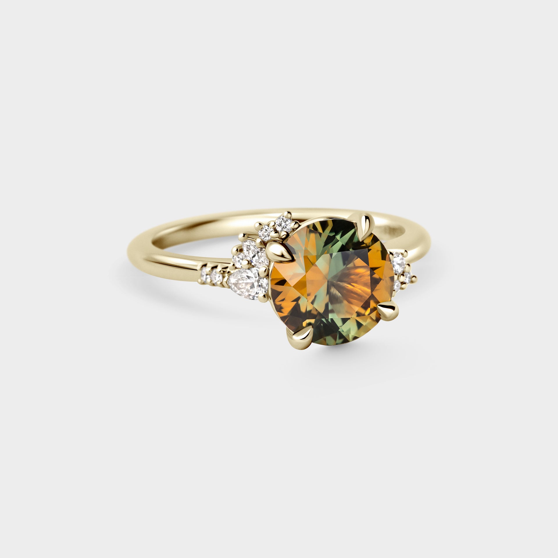 2.20ct Asymmetrical Cluster of Green/Orange Parti Sapphire & Diamond