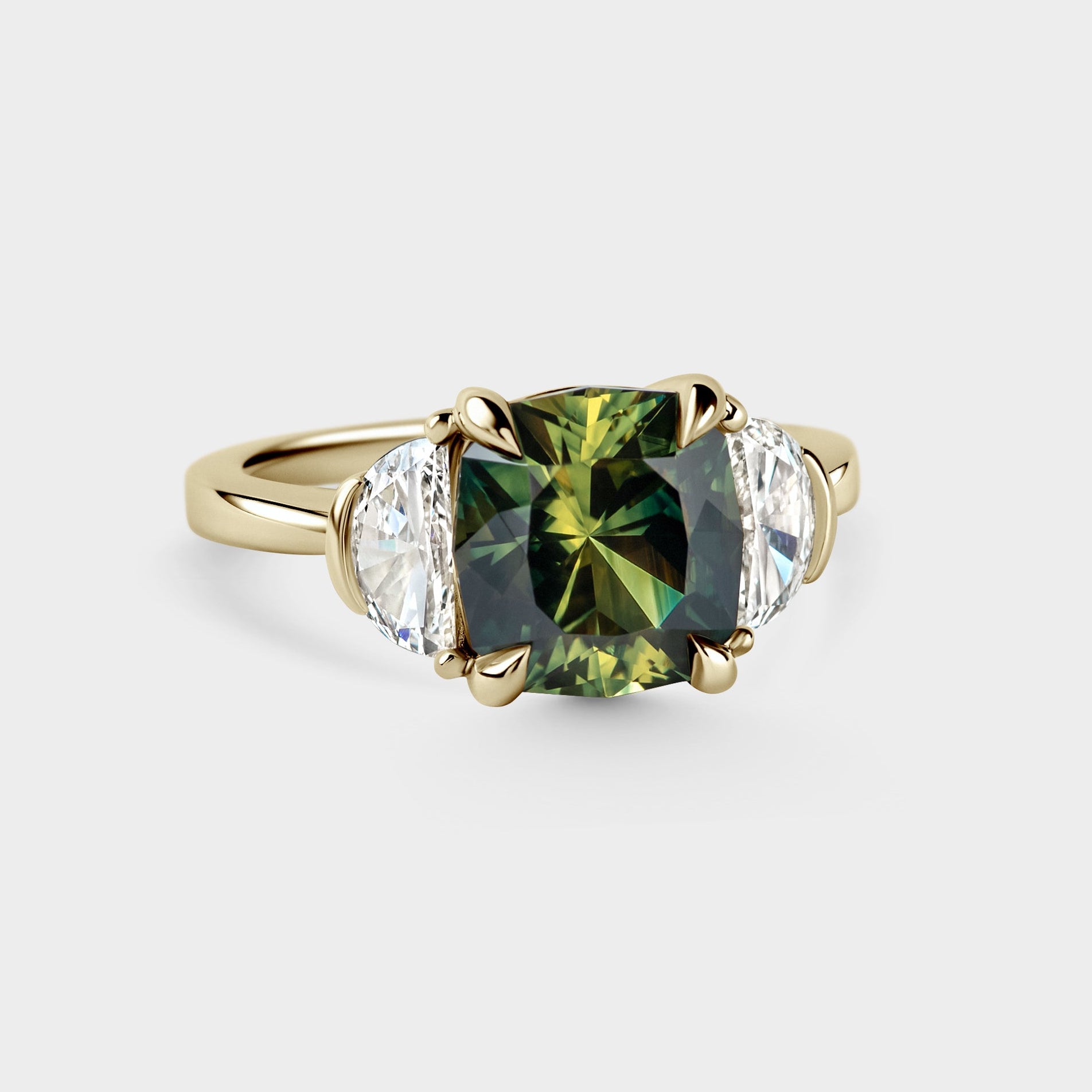 3.78ct Three Stone of Cushion Parti Sapphire & Half Moon