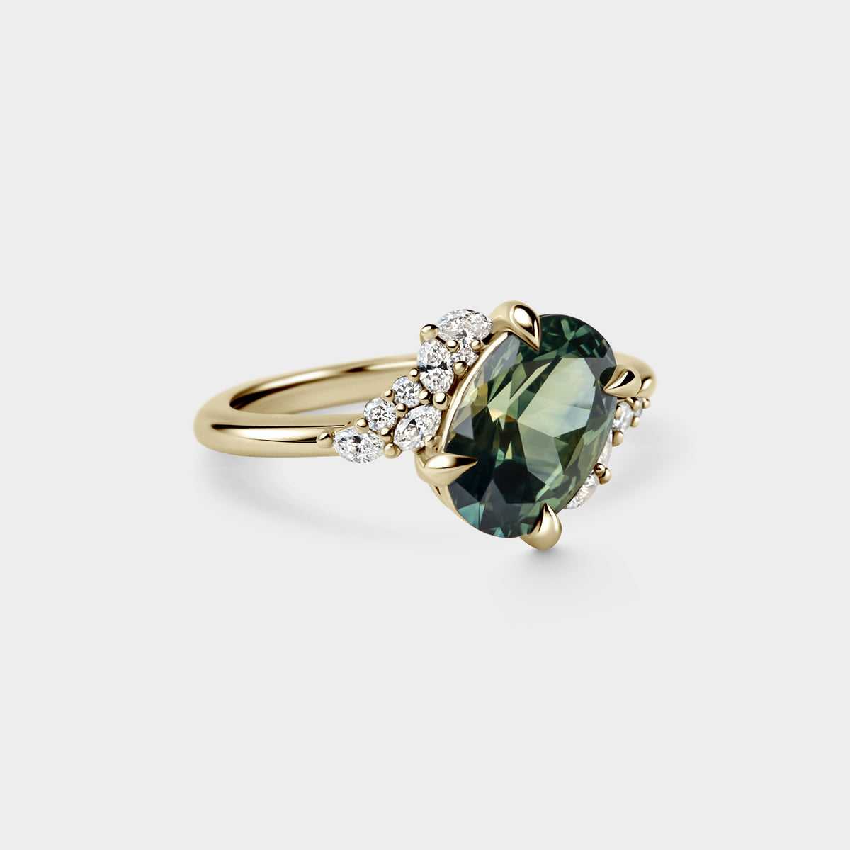 Off-Angle Asymmetrical Cluster of Oval Sapphire