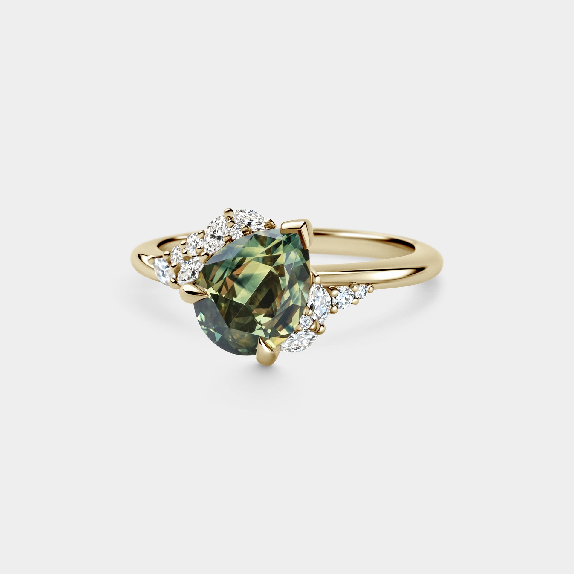 2.05ct Off-Angle Cluster of Green/Yellow Parti Sapphire & Diamond