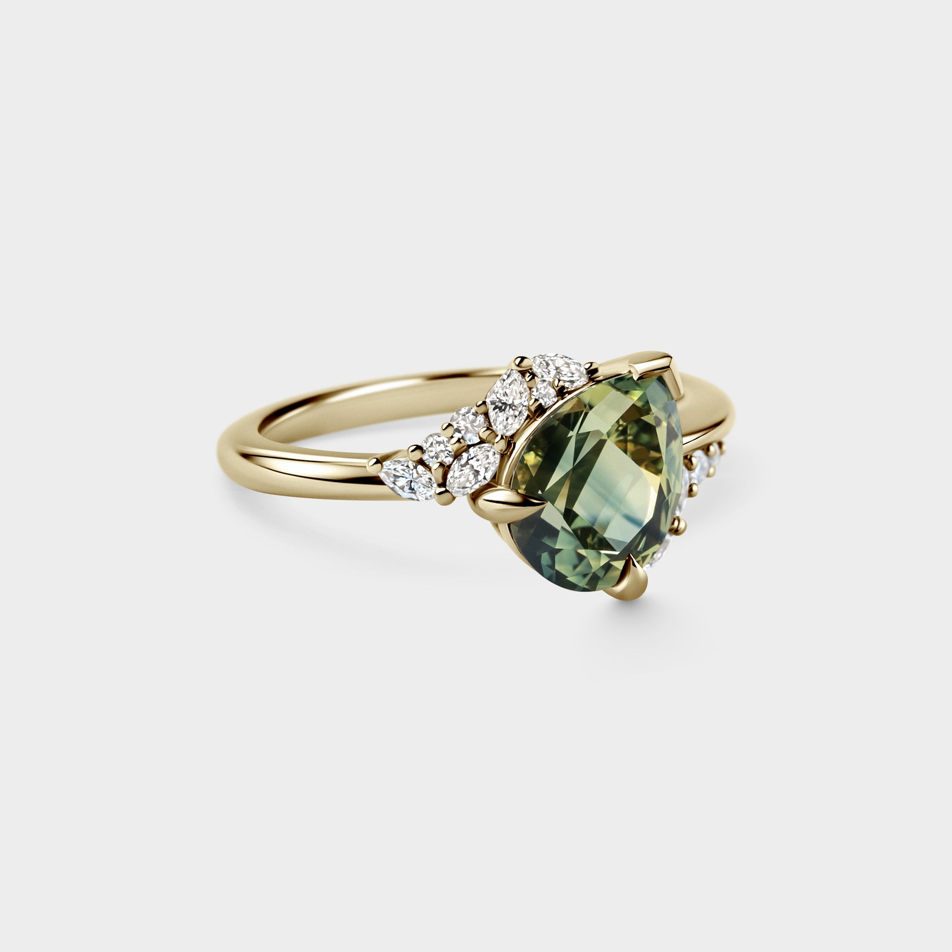 2.05ct Off-Angle Cluster of Green/Yellow Parti Sapphire & Diamond