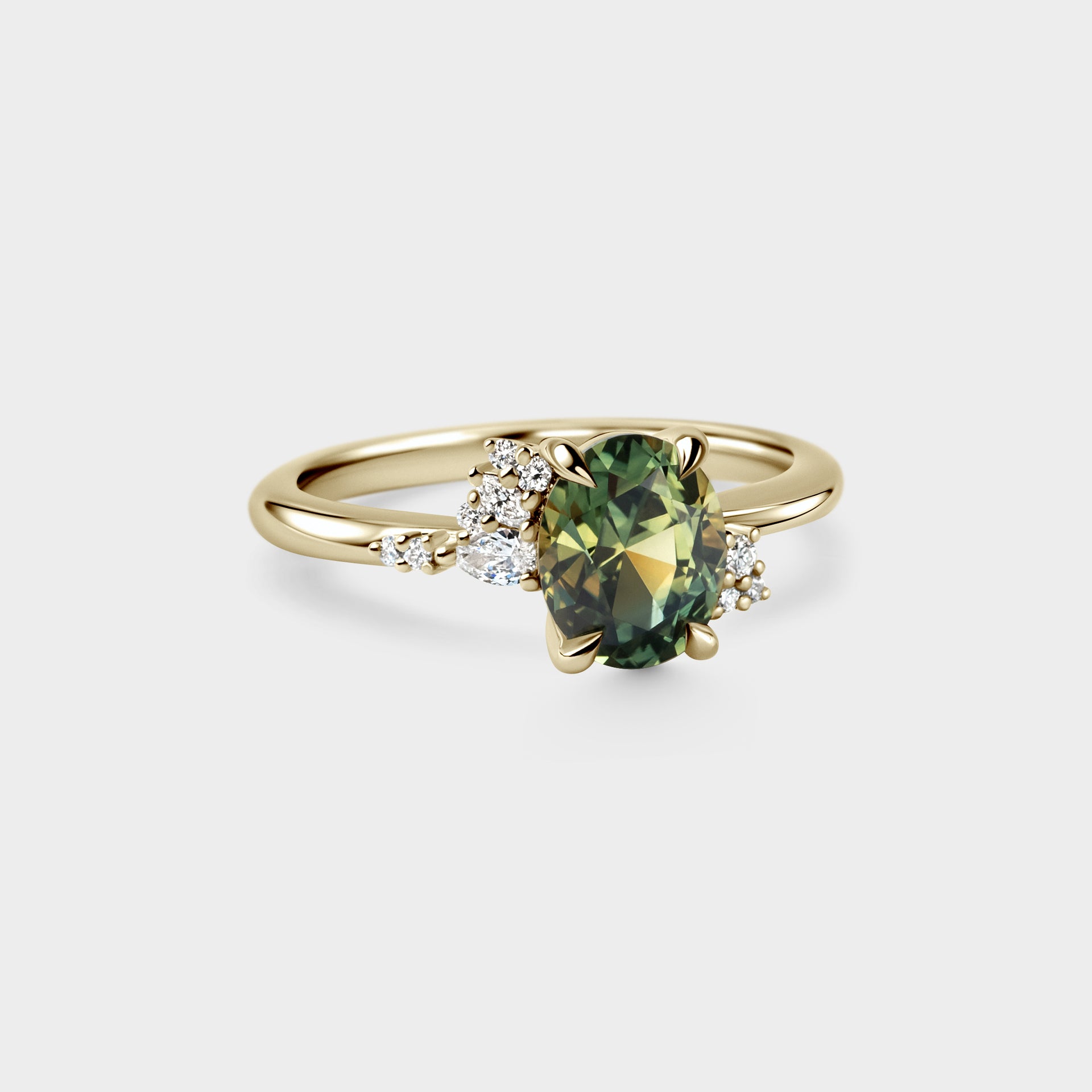 1.73ct Asymmetrical Cluster of Oval Green/Yellow Parti Sapphire & Diamond