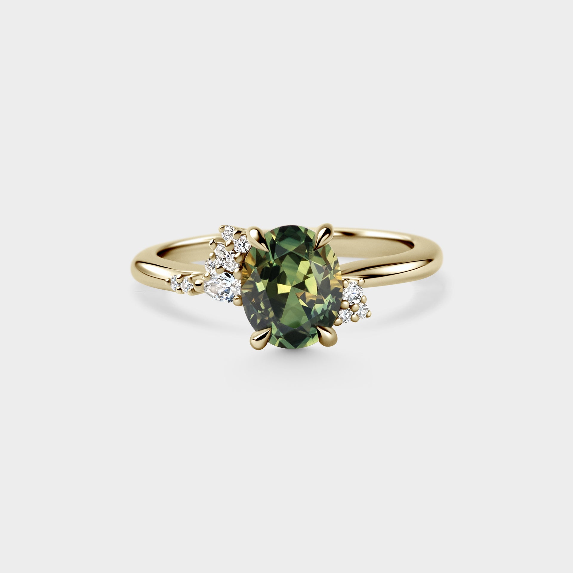 1.73ct Asymmetrical Cluster of Oval Green/Yellow Parti Sapphire & Diamond