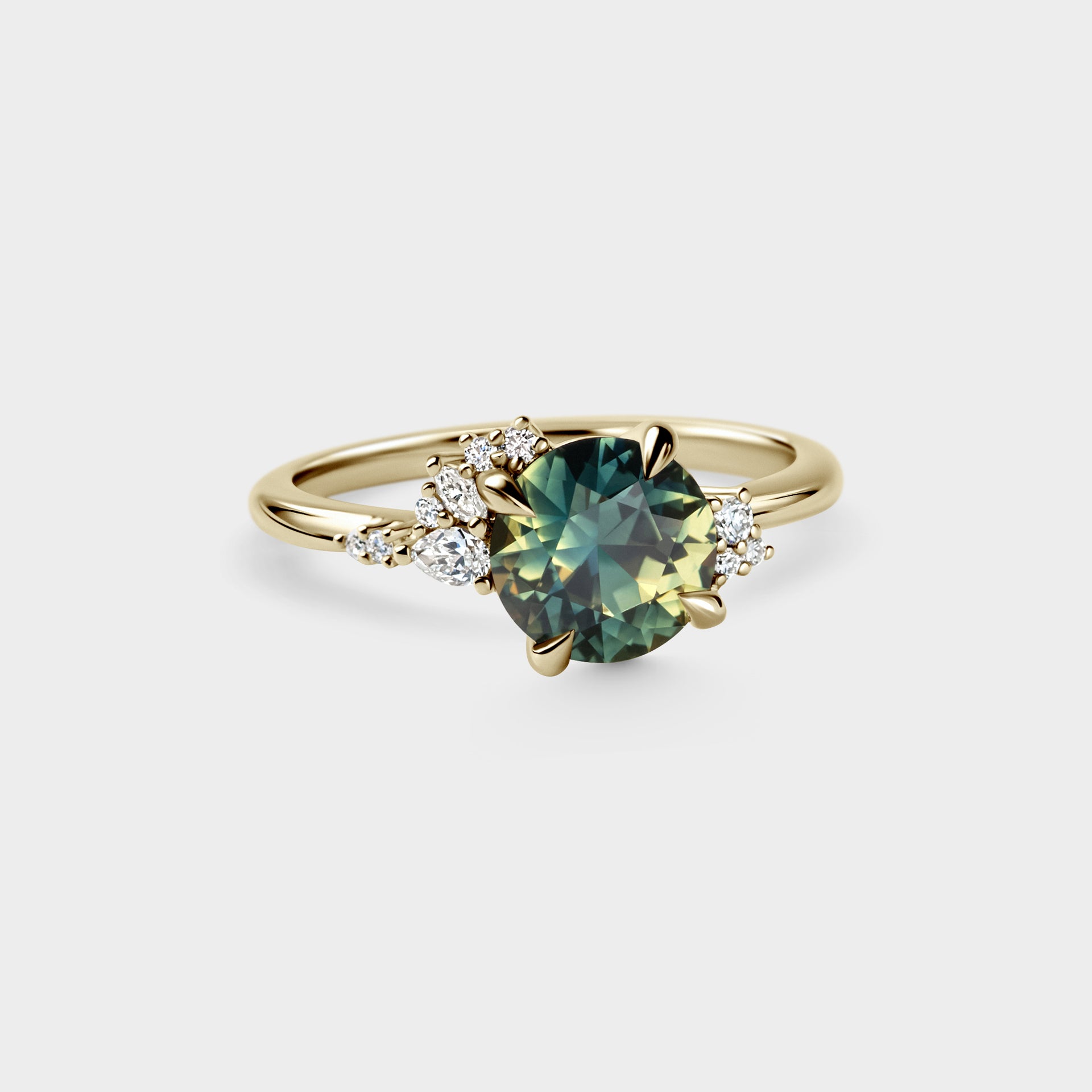 1.76ct Asymmetrical Cluster of Round Green/Yellow/Blue Parti Sapphire & Diamond