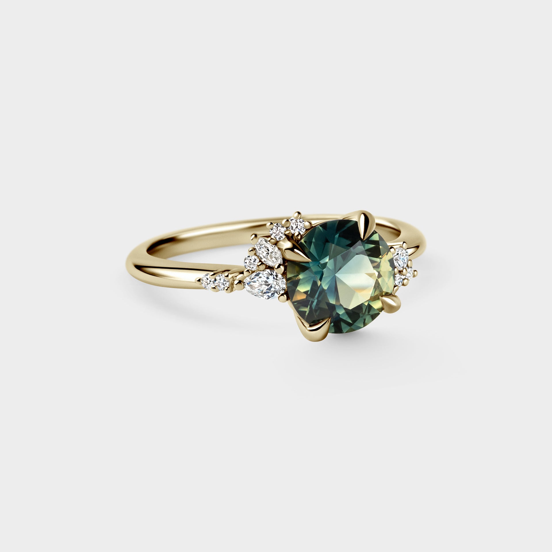 1.76ct Asymmetrical Cluster of Round Green/Yellow/Blue Parti Sapphire & Diamond