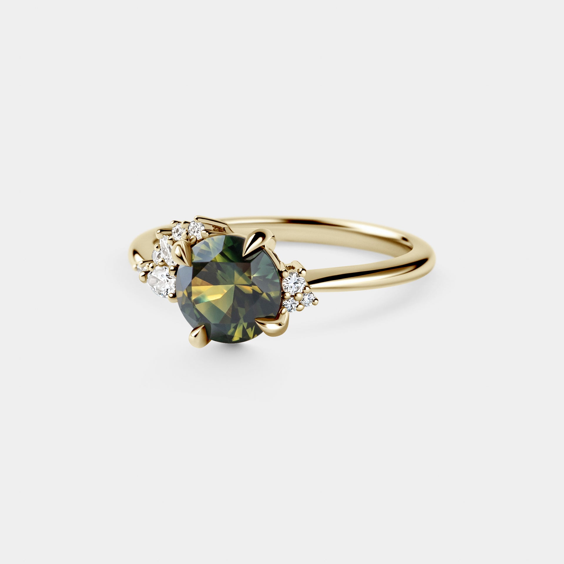 1.55ct Asymmetrical Cluster of Round Green/Yellow Parti Sapphire & Diamond