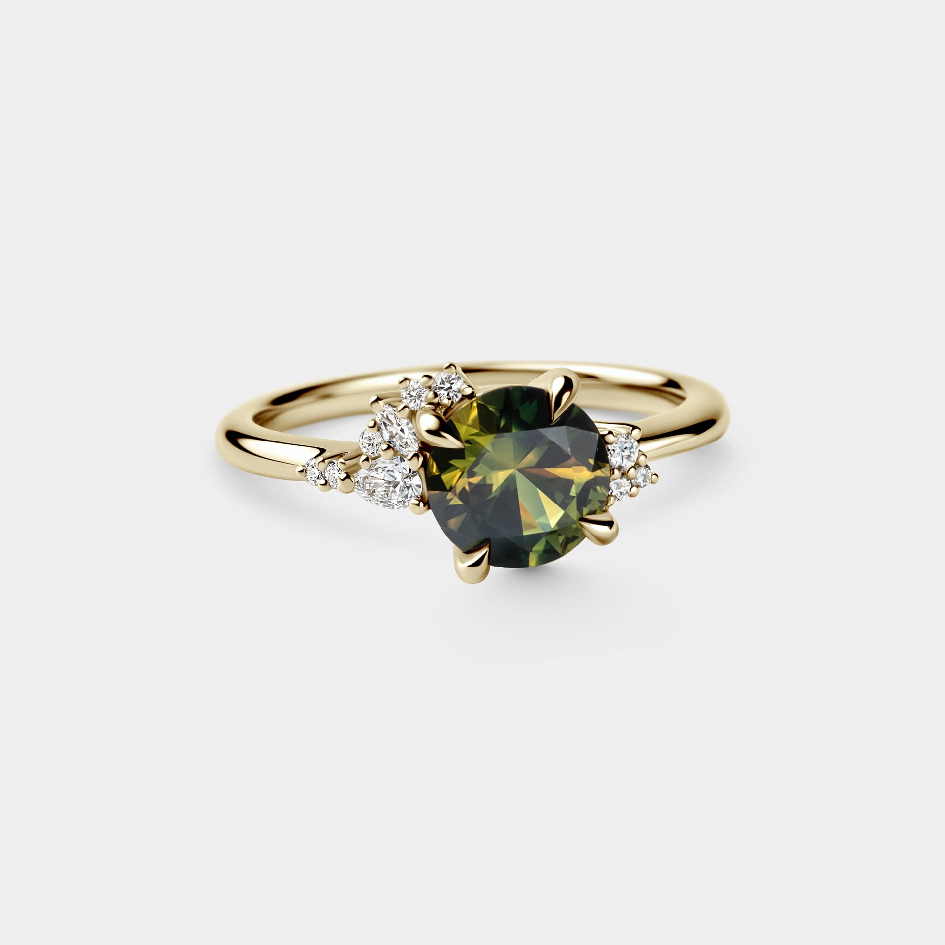 1.55ct Asymmetrical Cluster of Round Green/Yellow Parti Sapphire & Diamond