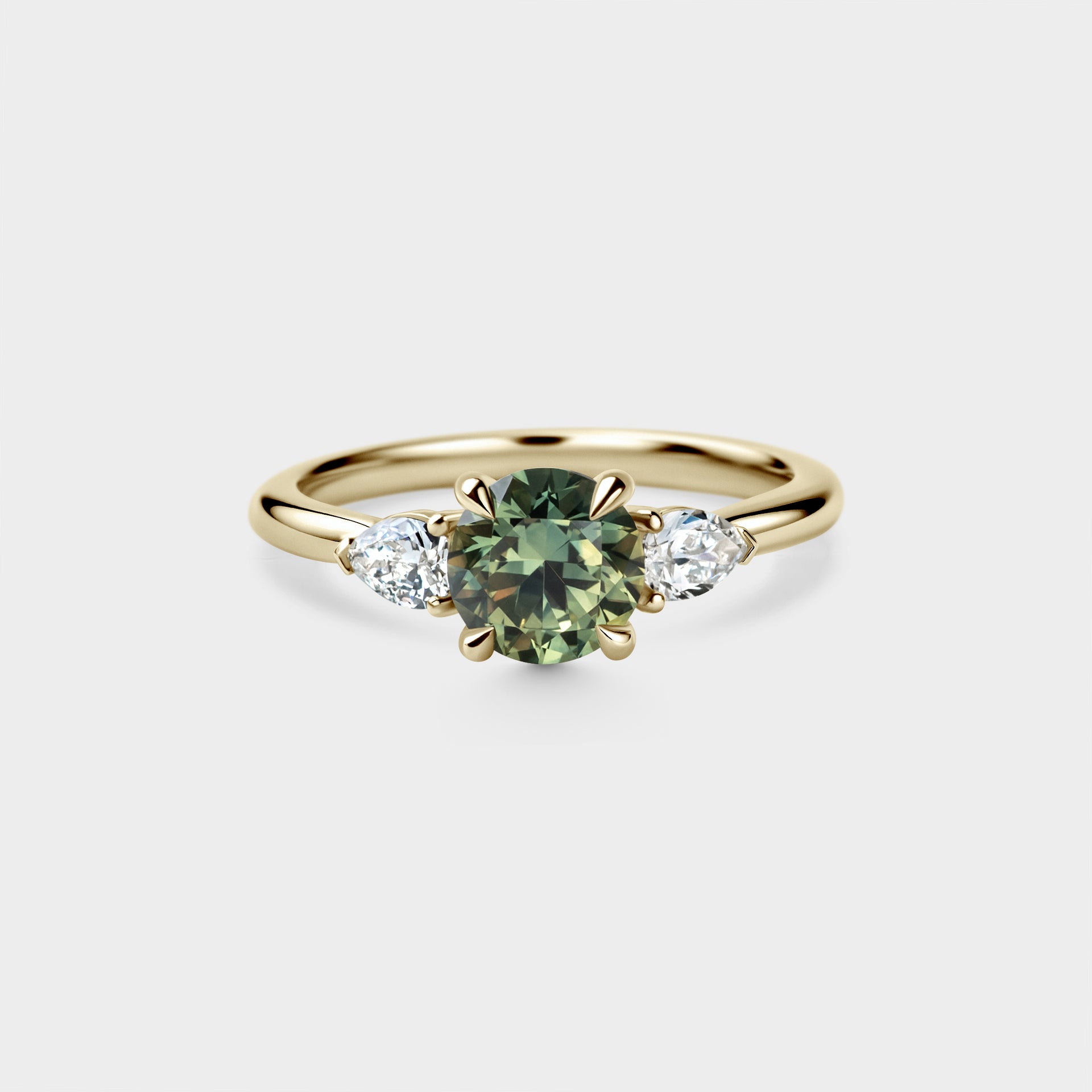 1.25ct Three Stone of Round Green Parti Sapphire & Diamond