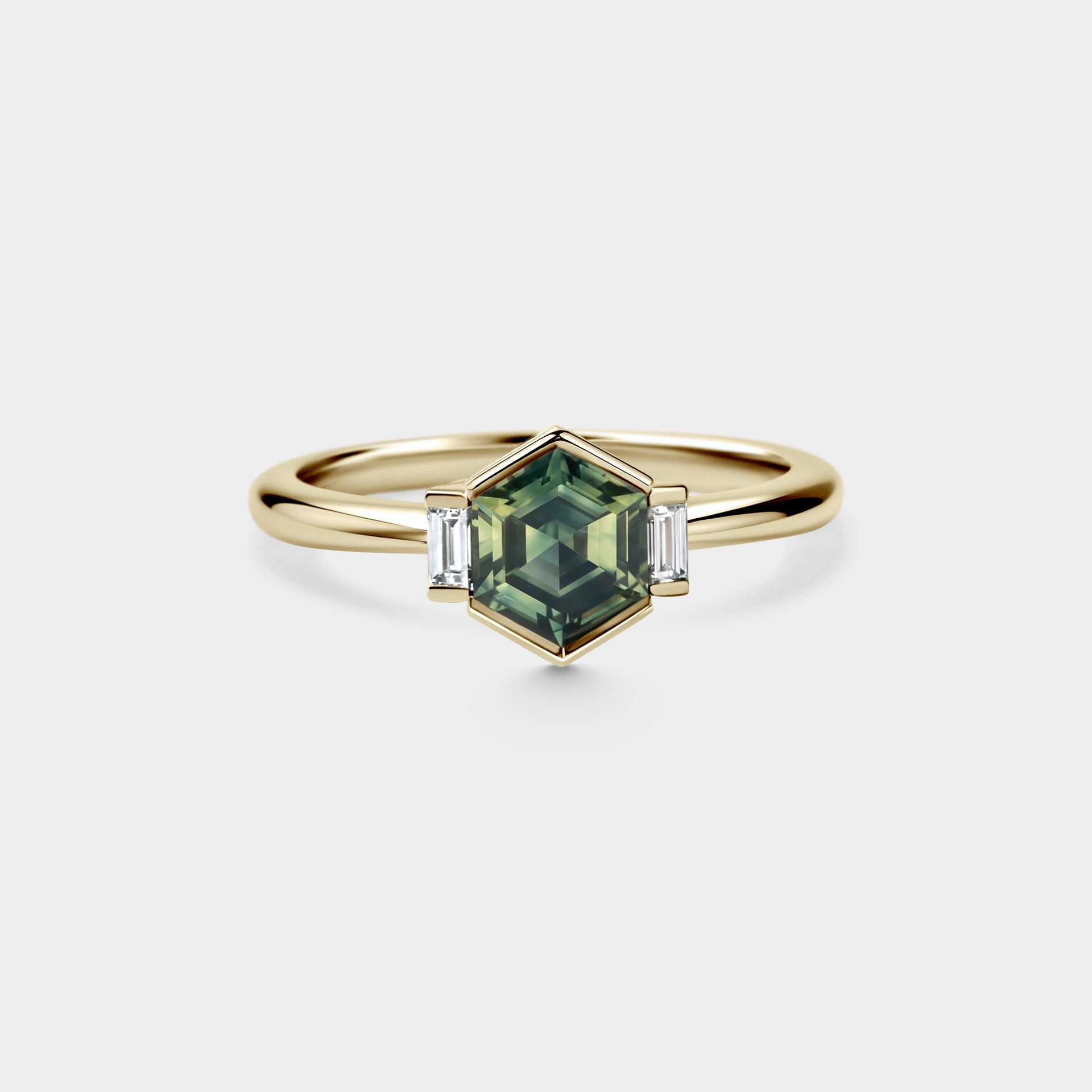 1.00ct Three Stone of Green/Yellow Hexagonal Parti Sapphire & Diamond