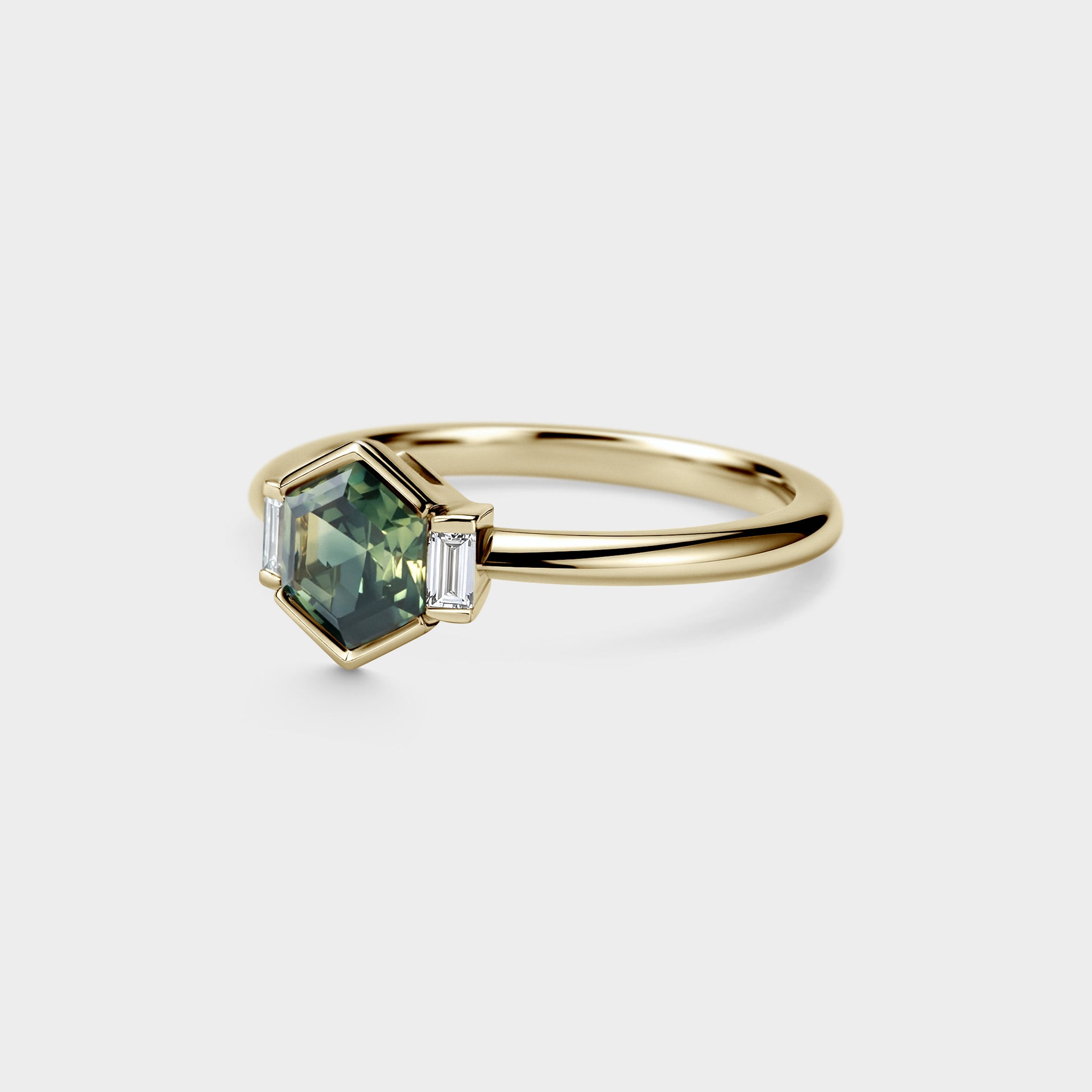 1.00ct Three Stone of Green/Yellow Hexagonal Parti Sapphire & Diamond