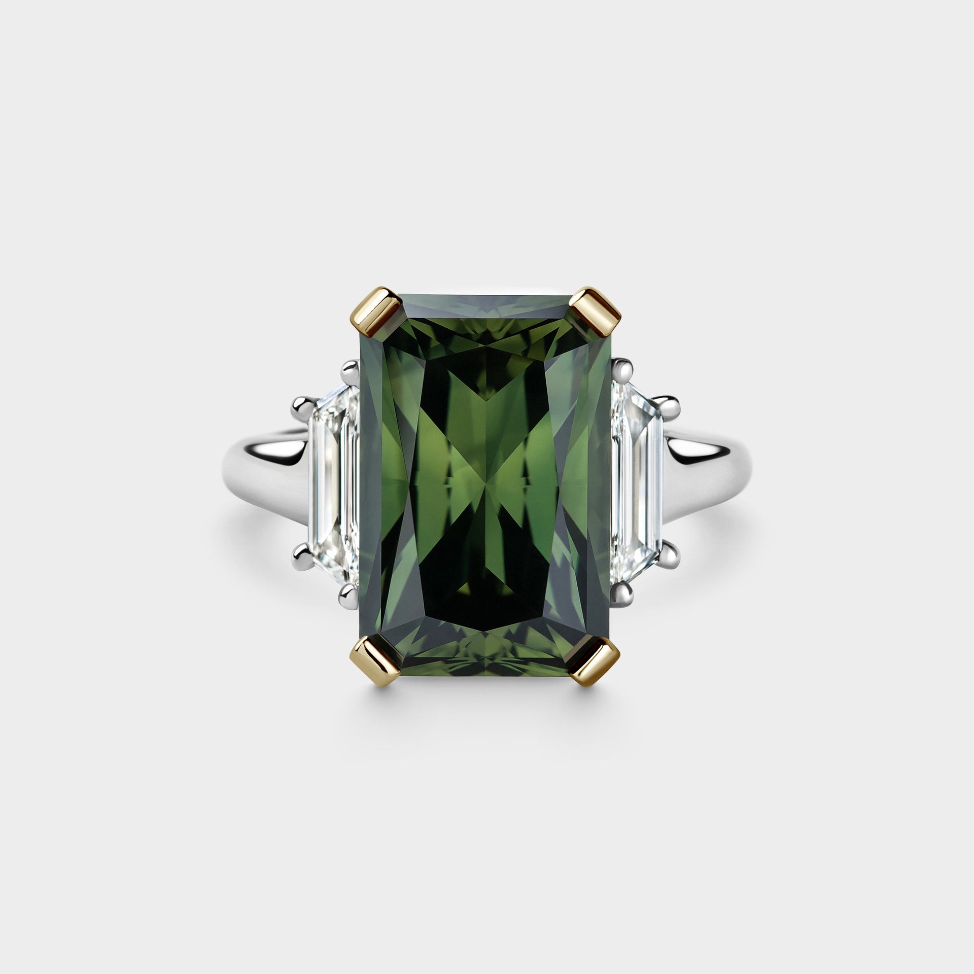 9.70ct Three Stone of Green Radiant Sapphire & Trapezoid White Diamond