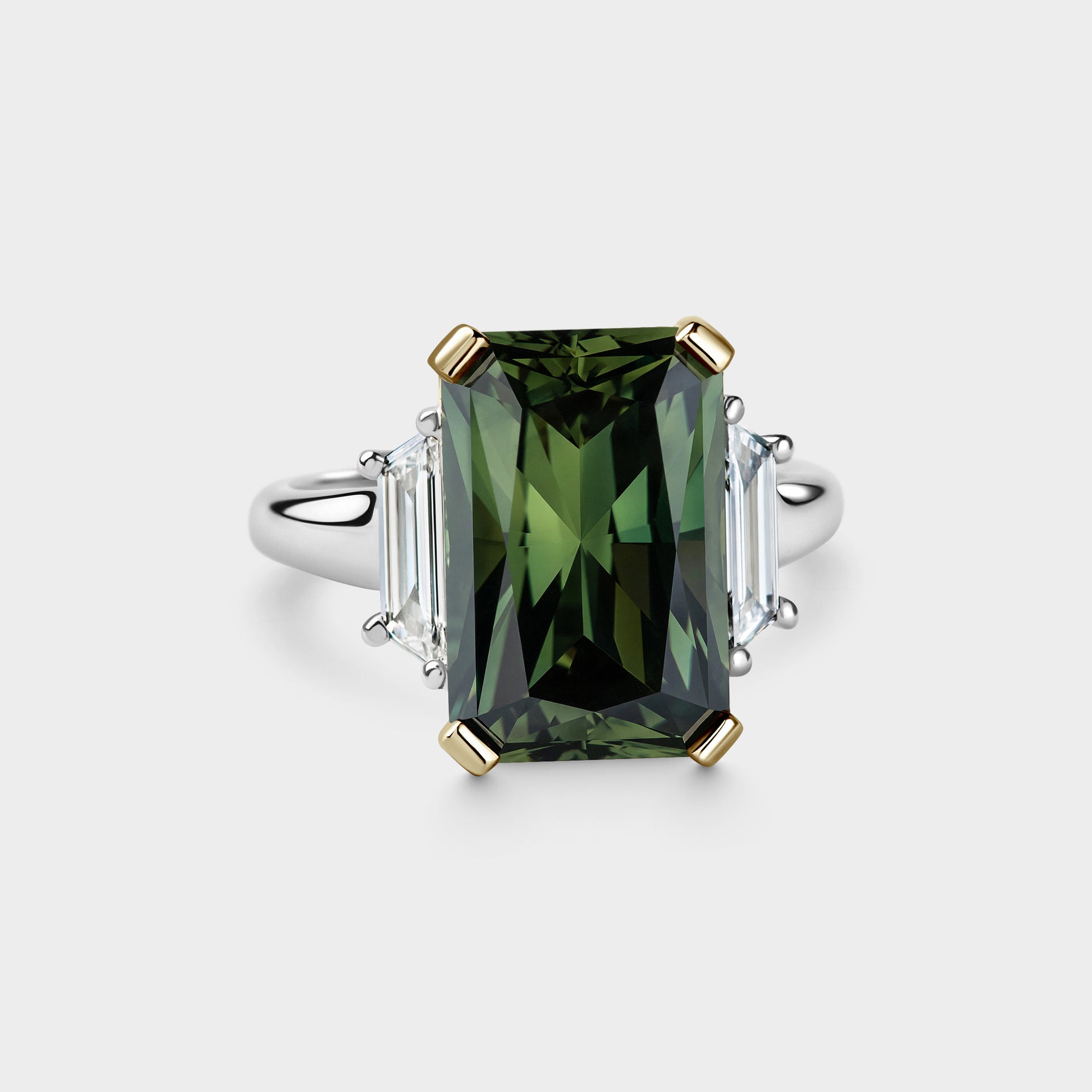 9.70ct Three Stone of Green Radiant Sapphire & Trapezoid White Diamond