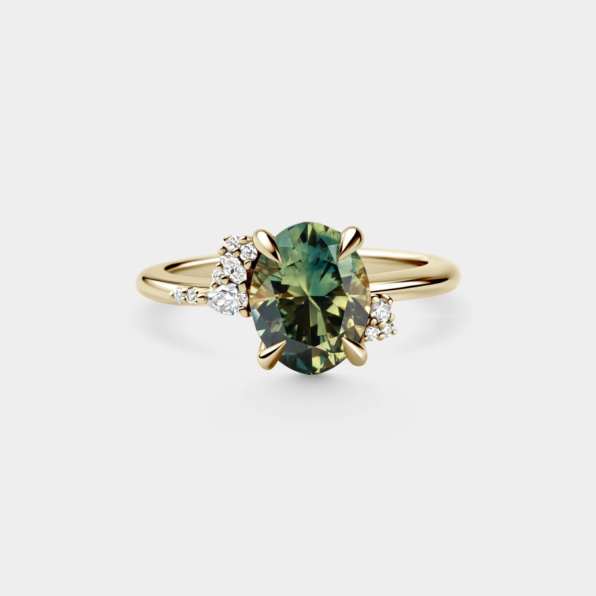 2.65ct Asymmetrical Cluster of Oval Green/Yellow/Blue Parti Sapphire & Diamond