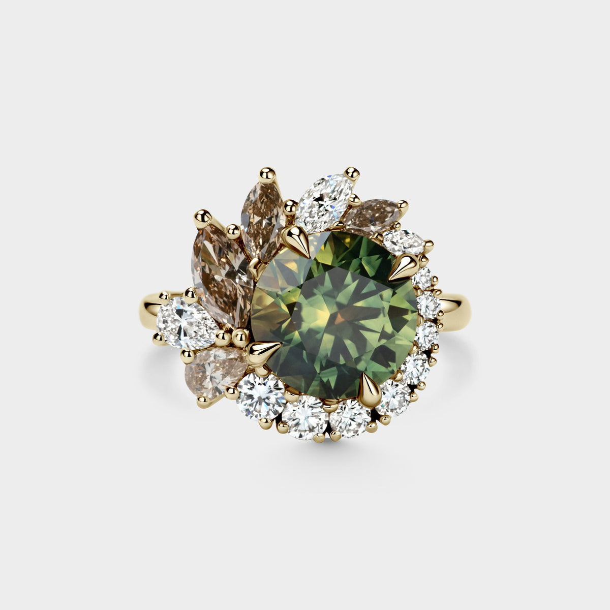 4.70ct Floral Halo of Round Brilliant Cut Parti Sapphire, White & Champagne Diamond