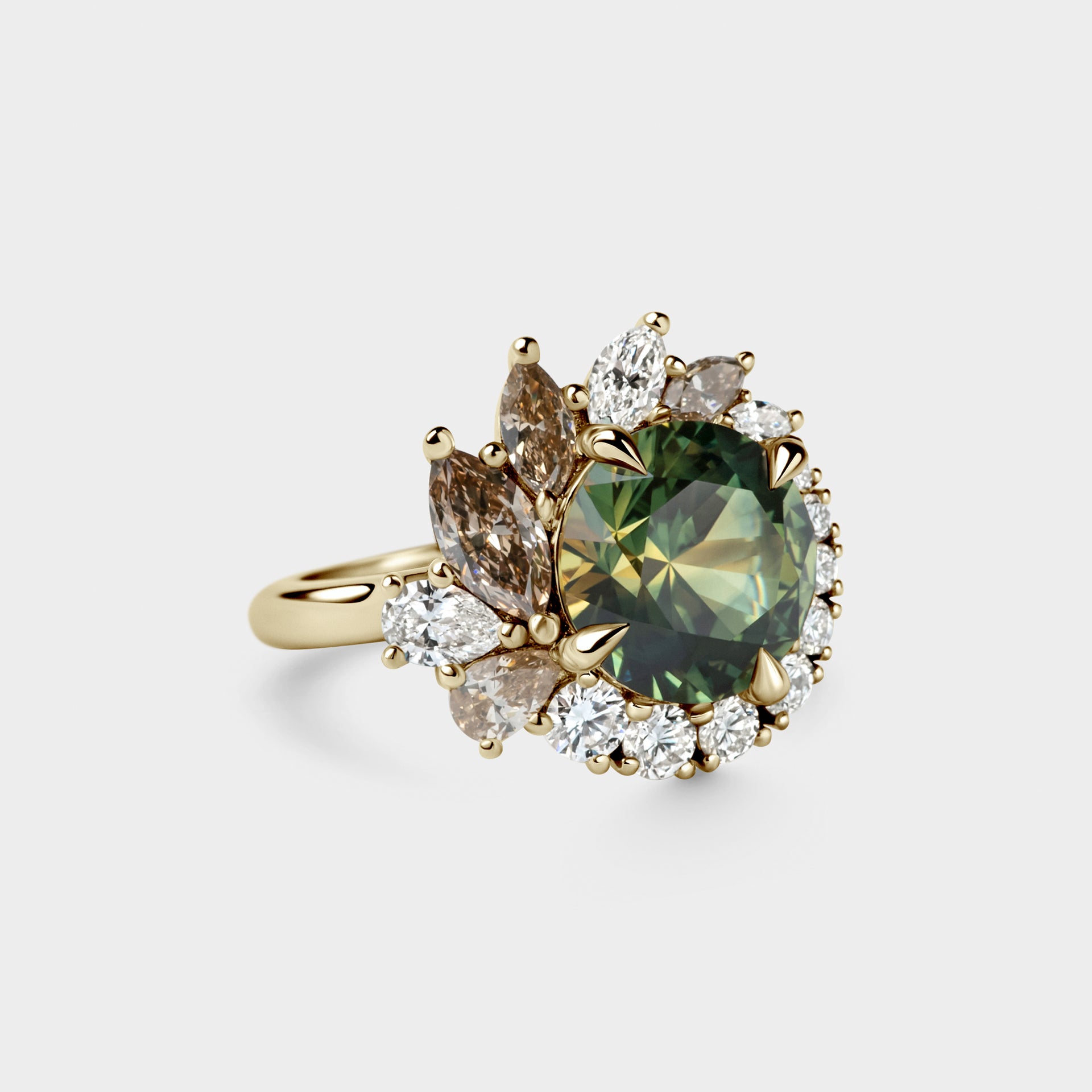 4.70ct Floral Halo of Round Brilliant Cut Parti Sapphire, White & Champagne Diamond